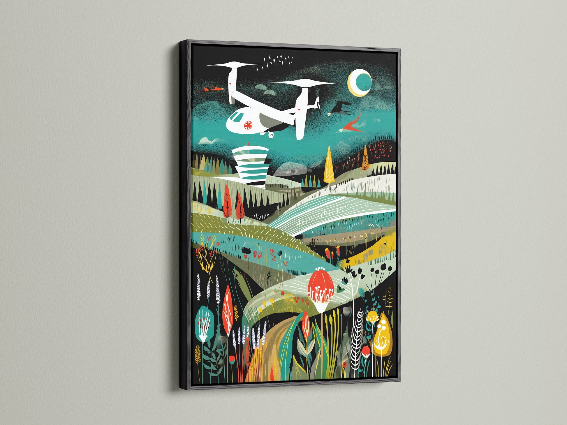 A black framed Rescue Helicopter art print is displayed against a white wall. The aircraft artwork features a teal and gold color palette. It's a stylish choice for mid-century modern or retro themed rooms.