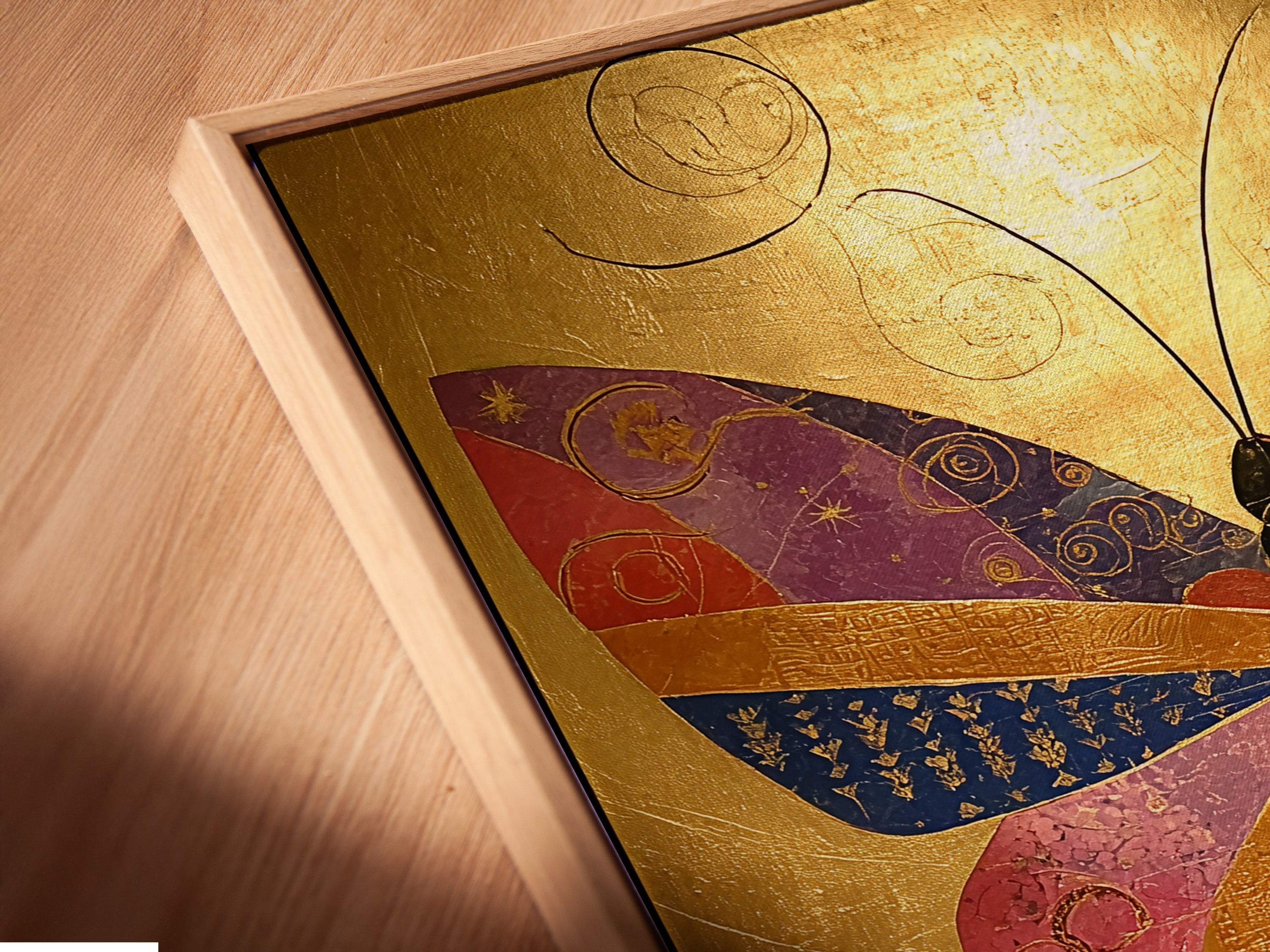 A close-up of a canvas print is displayed. It features a floating frame. The frame adds depth and dimension. It elevates the artwork presentation. A modern and stylish display choice.