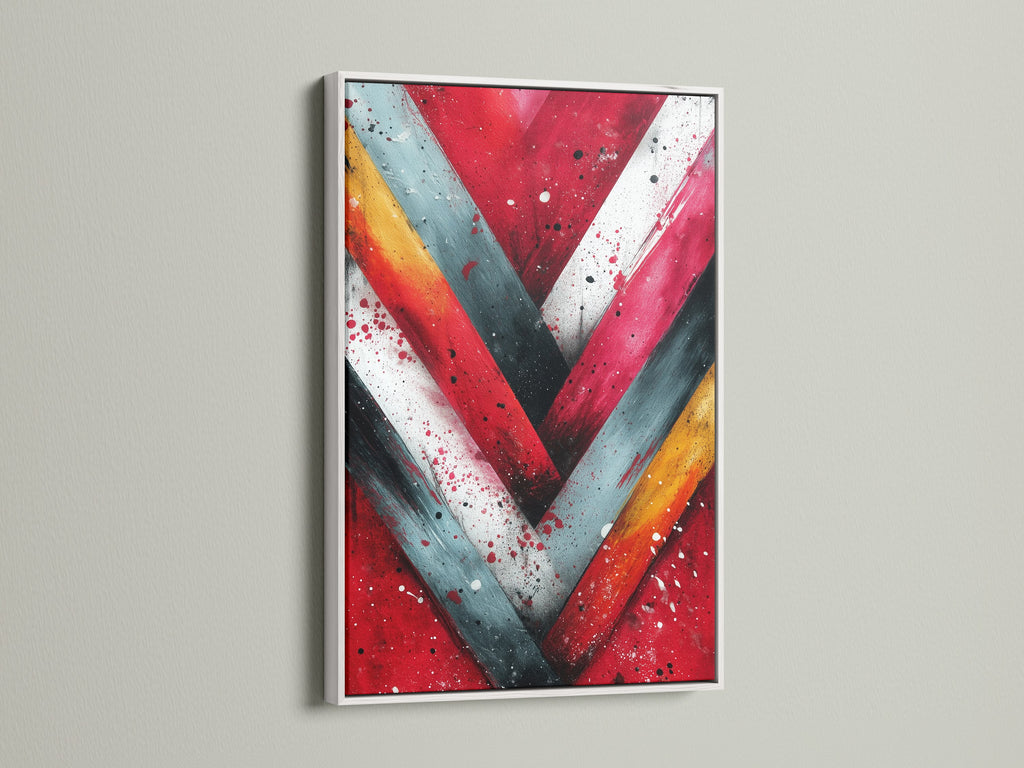 Brighten your home with Abstract Chevron Art in a white frame. The geometric artwork features red and teal hues. Perfect for adding a modern touch to any room. This brushstroke print elevates your office decor too.