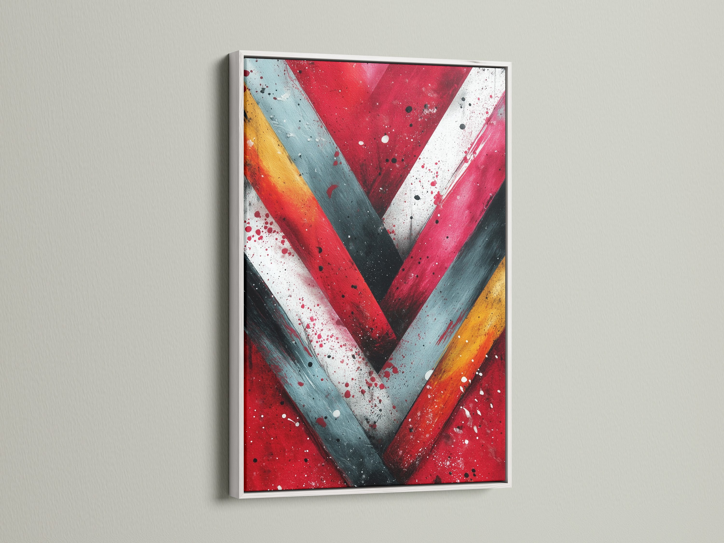 Brighten your home with Abstract Chevron Art in a white frame. The geometric artwork features red and teal hues. Perfect for adding a modern touch to any room. This brushstroke print elevates your office decor too.