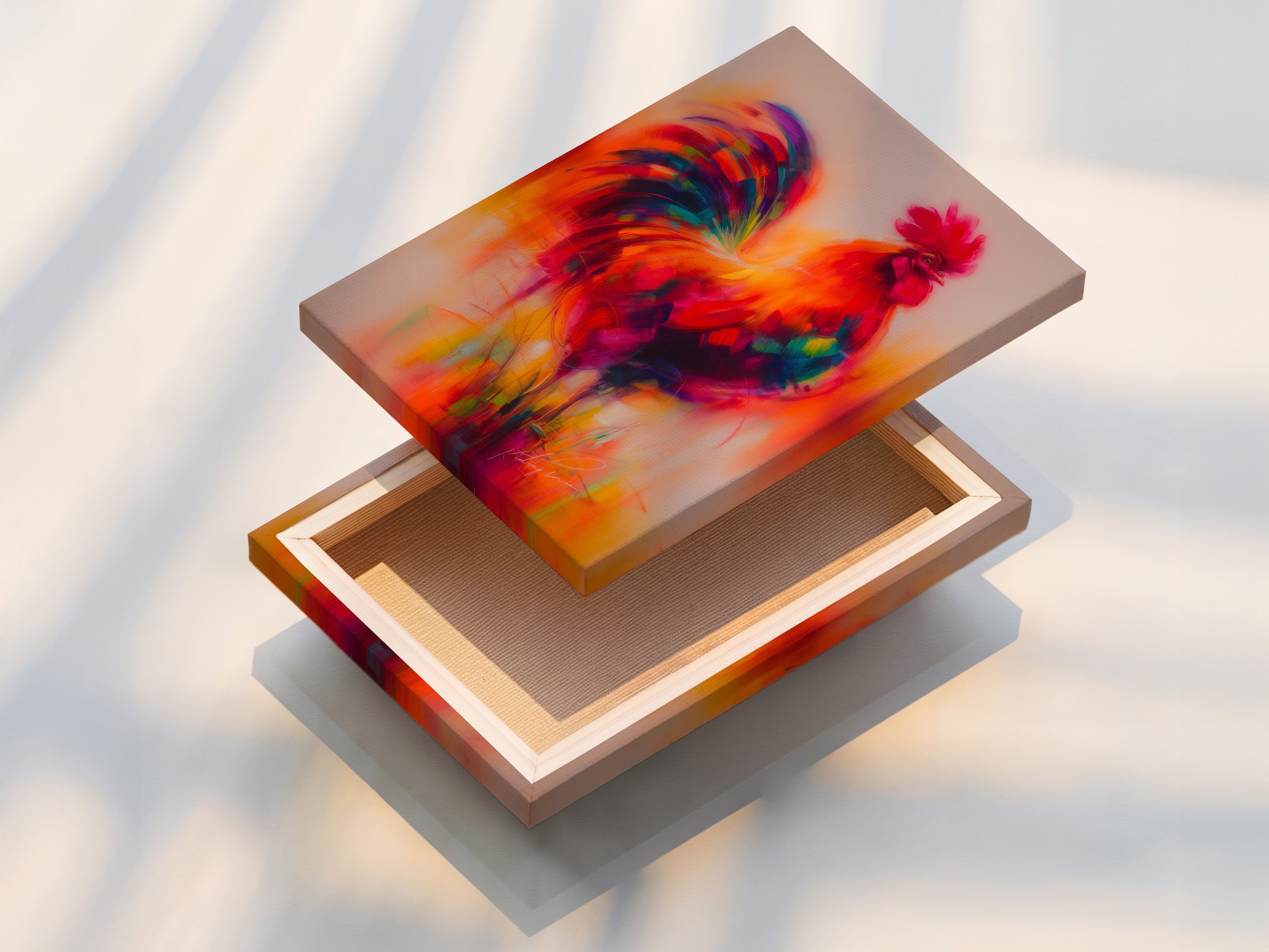 The vibrant rooster artwork is stretched on a canvas. The stretched canvas print is ready to hang. It provides a clean and modern look. Perfect for adding color to your living space. This canvas art is a great addition to any home or office.