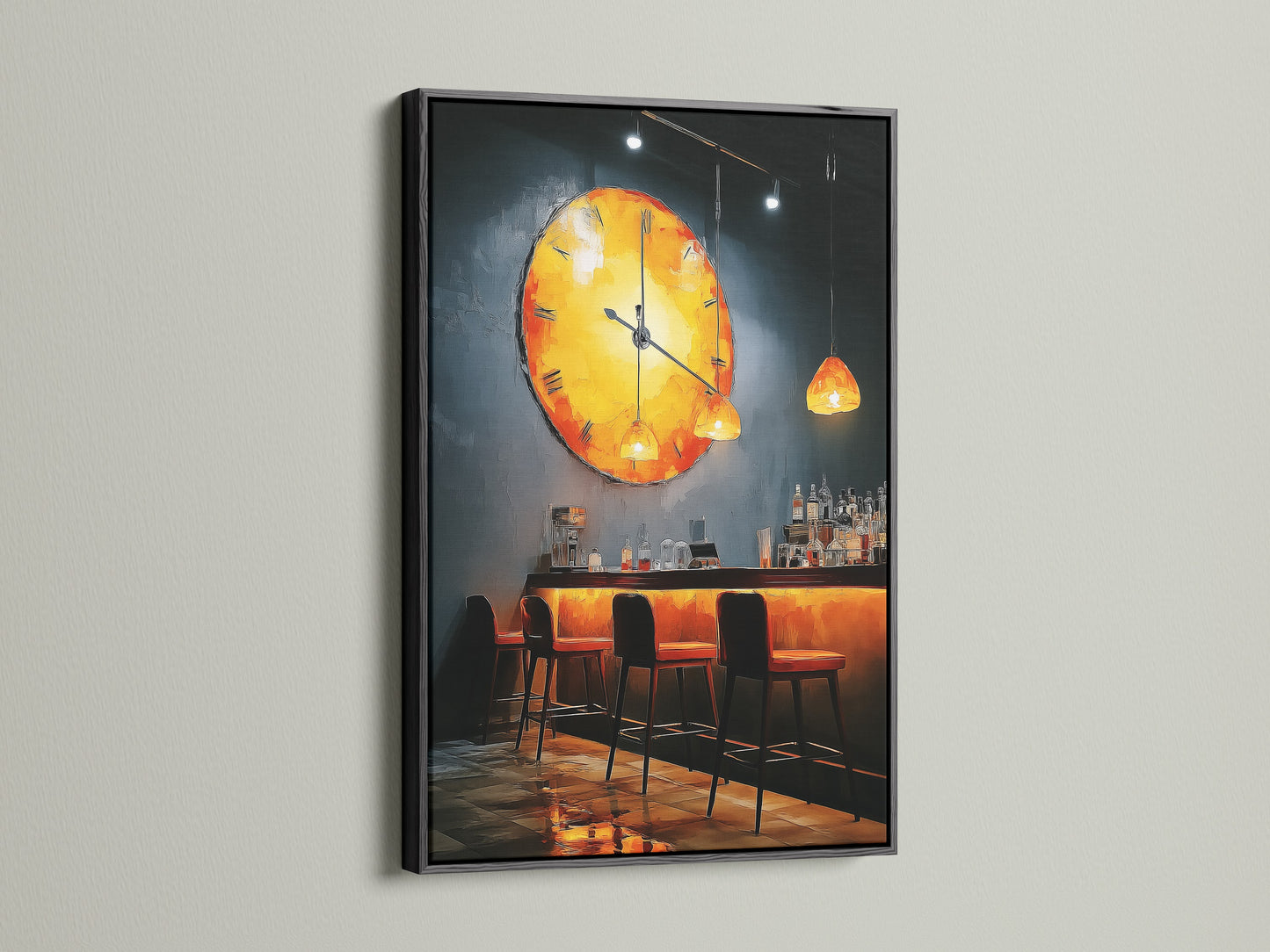 The black frame highlights the captivating bar scene artwork. It is perfect moody restaurant wall art for sophisticated dining. Add abstract clock artwork to your pub wall art collection. This art is a modern touch.