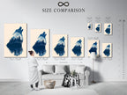A size comparison chart is displayed in an interior setting. The chart shows different sizes of wolf silhouette artwork. Perfect for homeowners renters and interior designers. Ideal for cabin wall art.