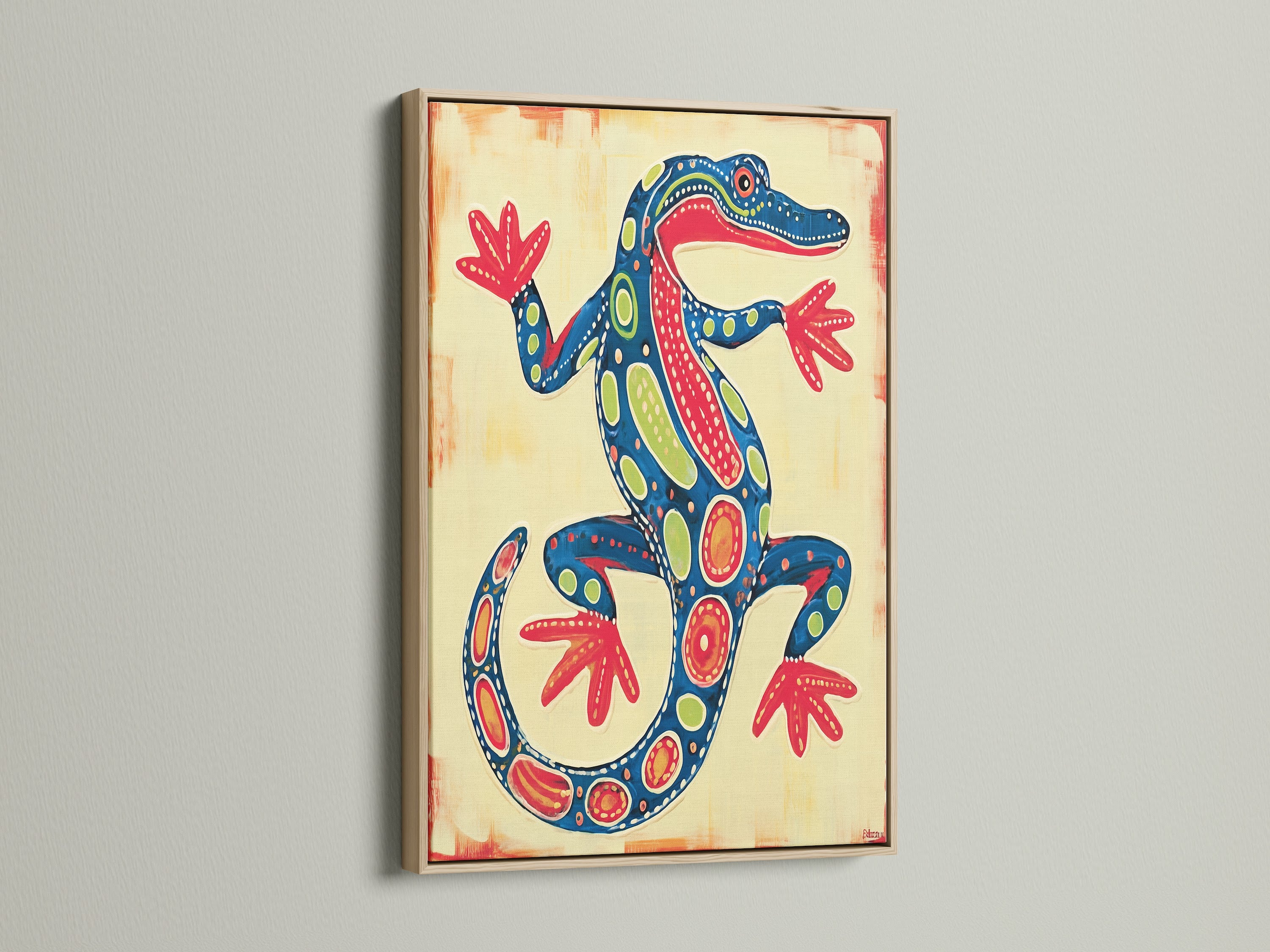 The colorful reptile wall art looks stunning in an oak frame. The frame enhances the artwork's vibrant colors. The lizard art is a perfect addition to any home. It brings a touch of boho chic style. This canvas print is ideal for a playroom.