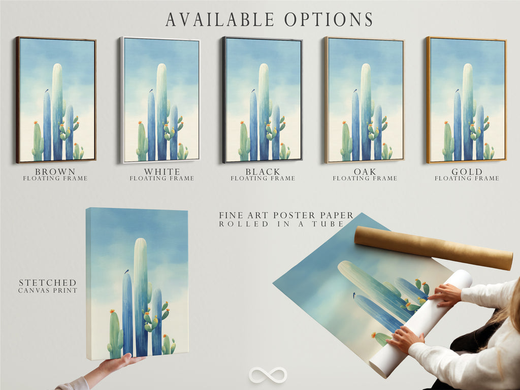 Explore available options for your artwork. Choose from stretched canvas print fine art poster paper or a floating frame. Customize your cactus artwork or desert canvas art. Select the best presentation for your southwestern teal blue prints. Personalize your home decor.