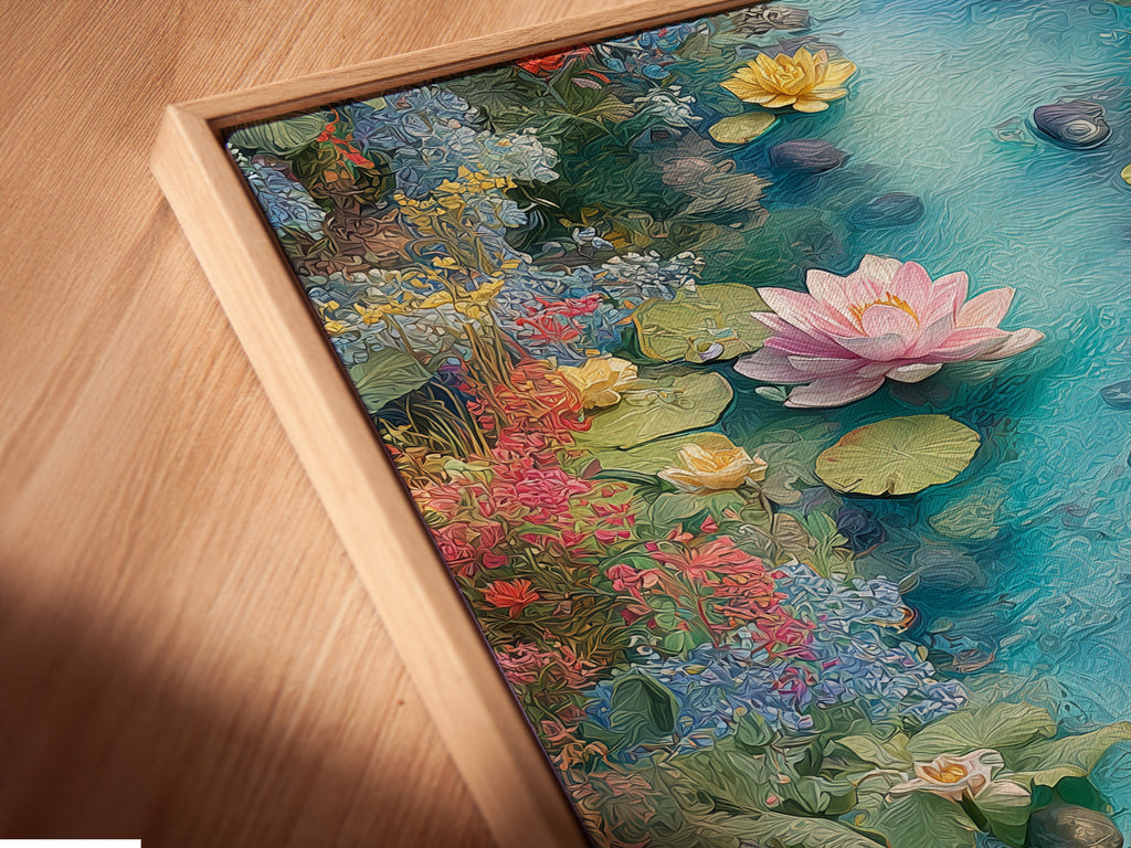 A close-up view of the canvas print in a floating frame. The art showcases the lotus flower artwork. It provides a modern and elegant way to display botanical art. Perfect for any space seeking tranquility.
