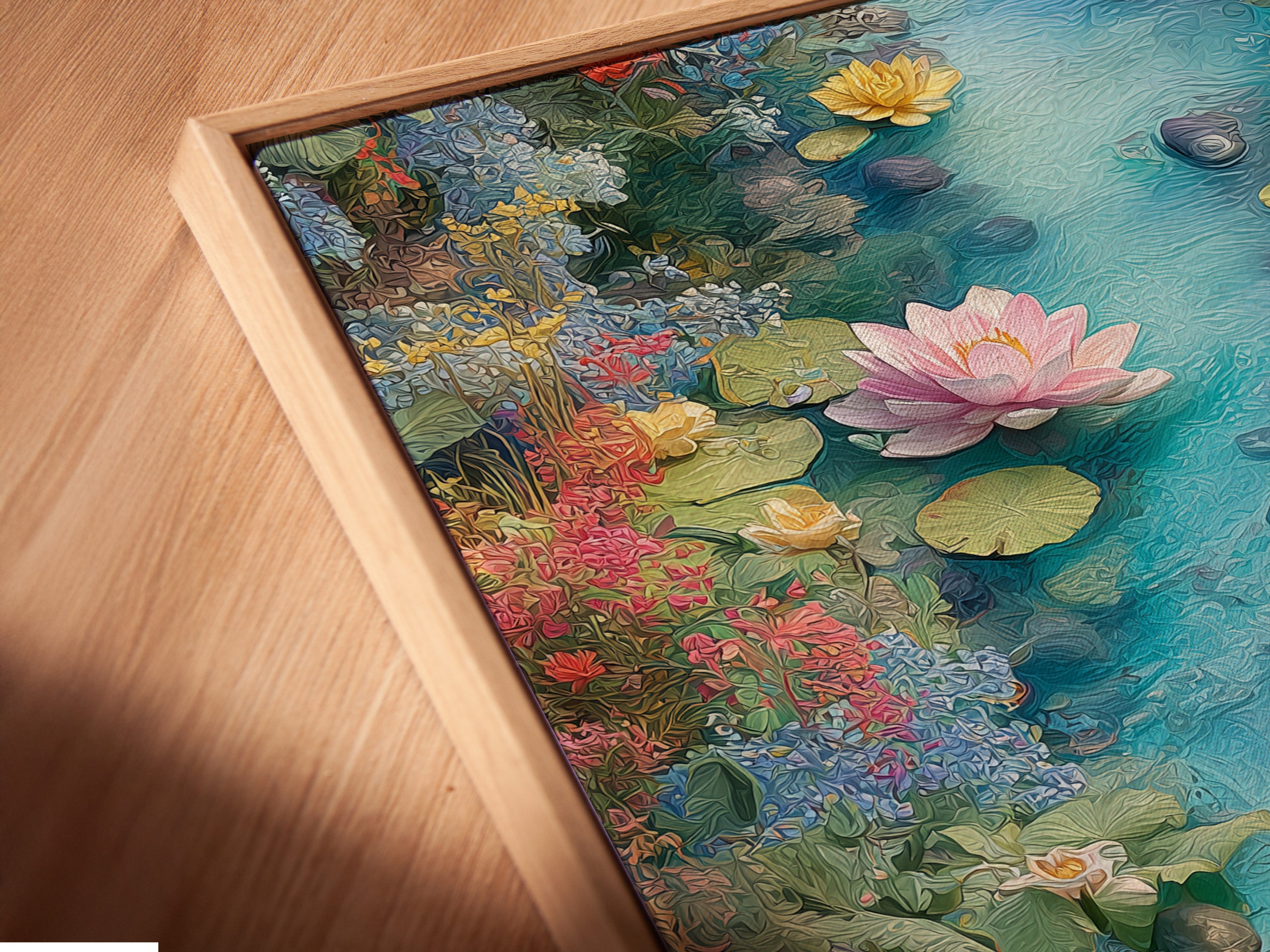 A close-up view of the canvas print in a floating frame. The art showcases the lotus flower artwork. It provides a modern and elegant way to display botanical art. Perfect for any space seeking tranquility.