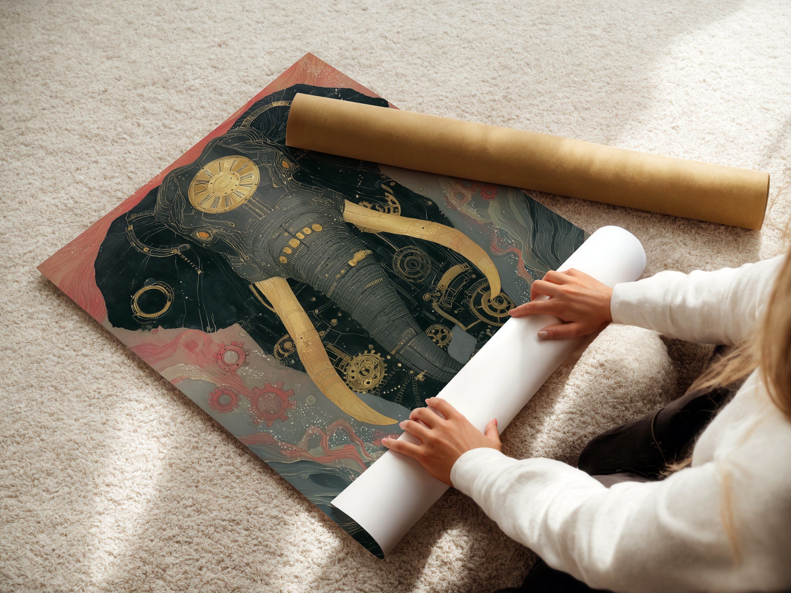 A woman carefully rolling a fine art poster paper print of a steampunk elephant. This mechanical animal art is ready to ship. Experience vintage wall art at its finest. Add industrial decor to your home.