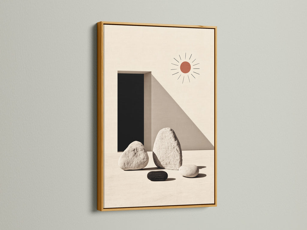 Minimalist stone geometric artwork in a gold frame. The neutral color palette complements any modern space. Perfect for adding a touch of zen to your office or home. The gold frame enhances the artwork's sophisticated appeal. Elevate your wall decor with this stylish art print. A simple yet elegant addition to any interior.