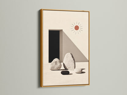Minimalist stone geometric artwork in a gold frame. The neutral color palette complements any modern space. Perfect for adding a touch of zen to your office or home. The gold frame enhances the artwork's sophisticated appeal. Elevate your wall decor with this stylish art print. A simple yet elegant addition to any interior.