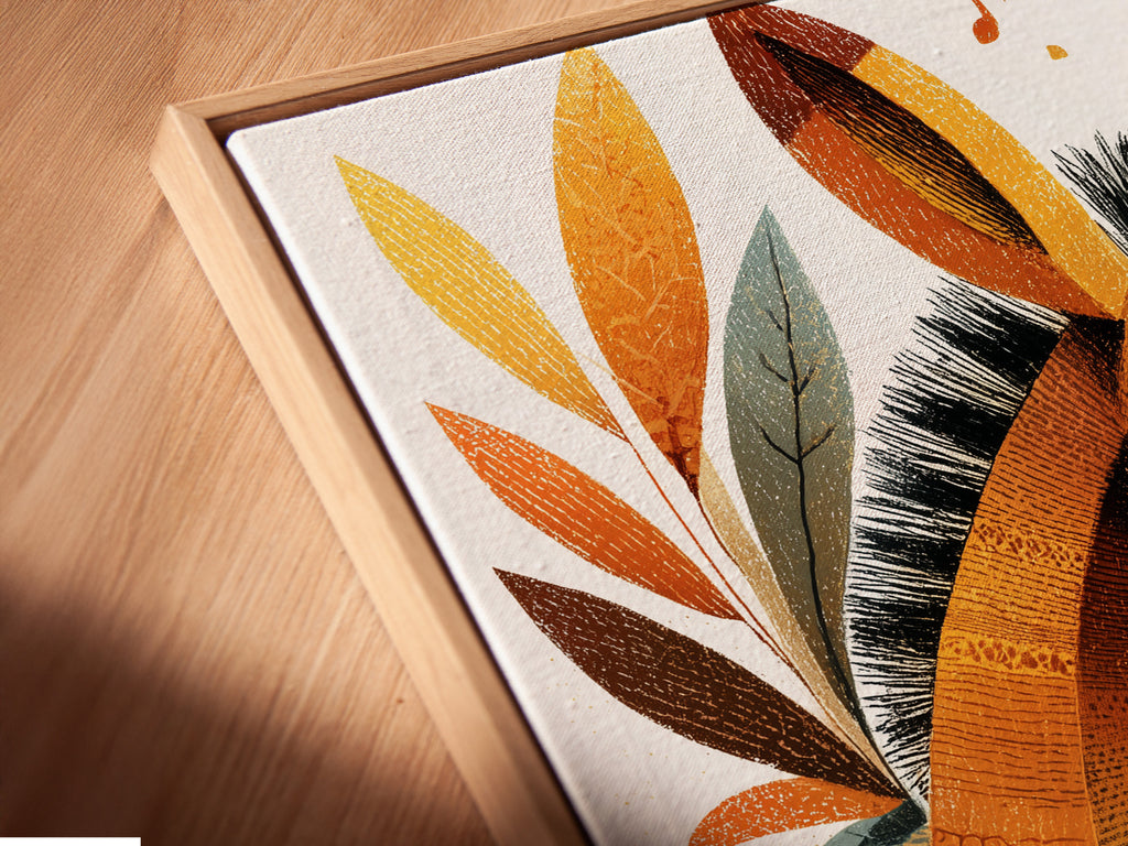 Close-up angled view of a canvas print in a floating frame. The floating frame gives the artwork a modern gallery look. The canvas print enhances the texture and depth. Elevate your space with this unique framed artwork.