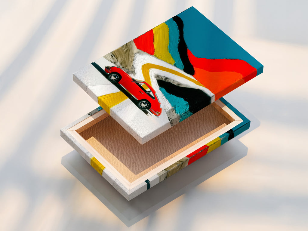 A stretched canvas print of vintage car art. The artwork displays a retro sports car. Enhance your living room wall art with this piece. It’s ideal for minimalist or Scandinavian styles now.