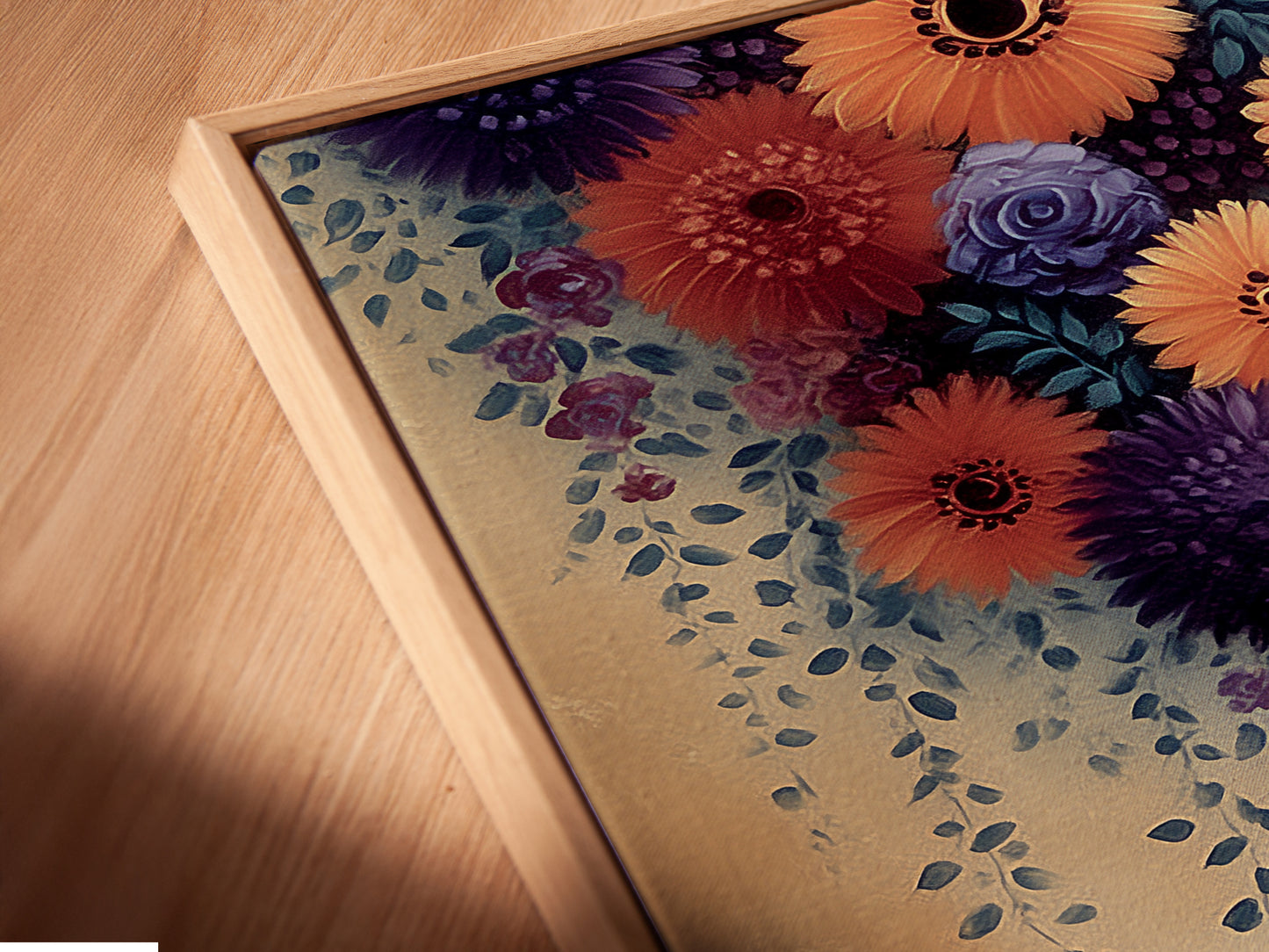 A close up angled view displays a canvas print in a floating frame. The Floral Cascade artwork appears to hover adding depth and sophistication. This unique presentation enhances any farmhouse or eclectic interior. Perfect for a focal point