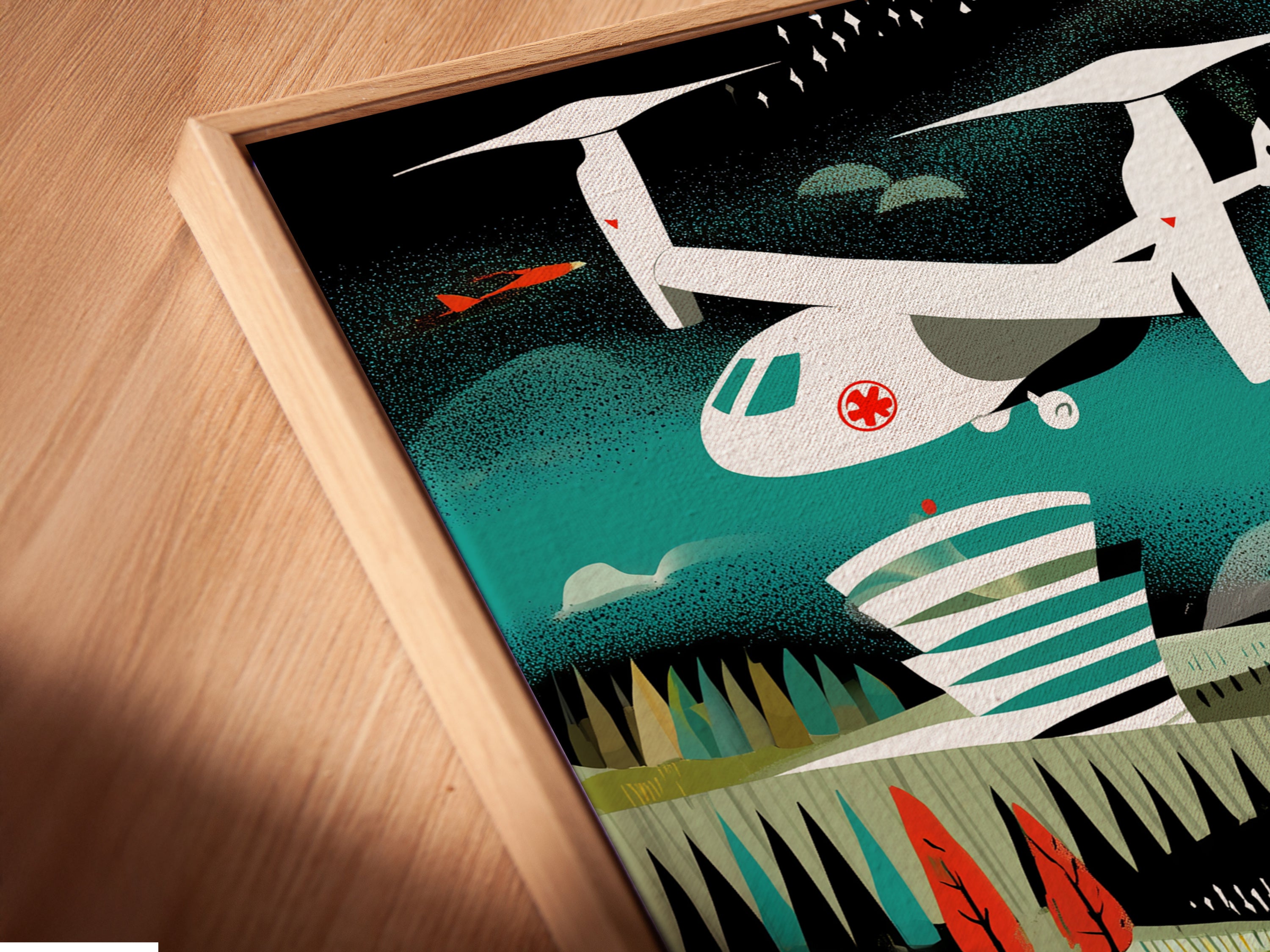 Close up angled shot of Rescue Helicopter canvas print in a floating frame. The artwork showcases intricate details and vibrant colors. This aviation print enhances any office or home decor with retro charm and mid-century modern appeal.