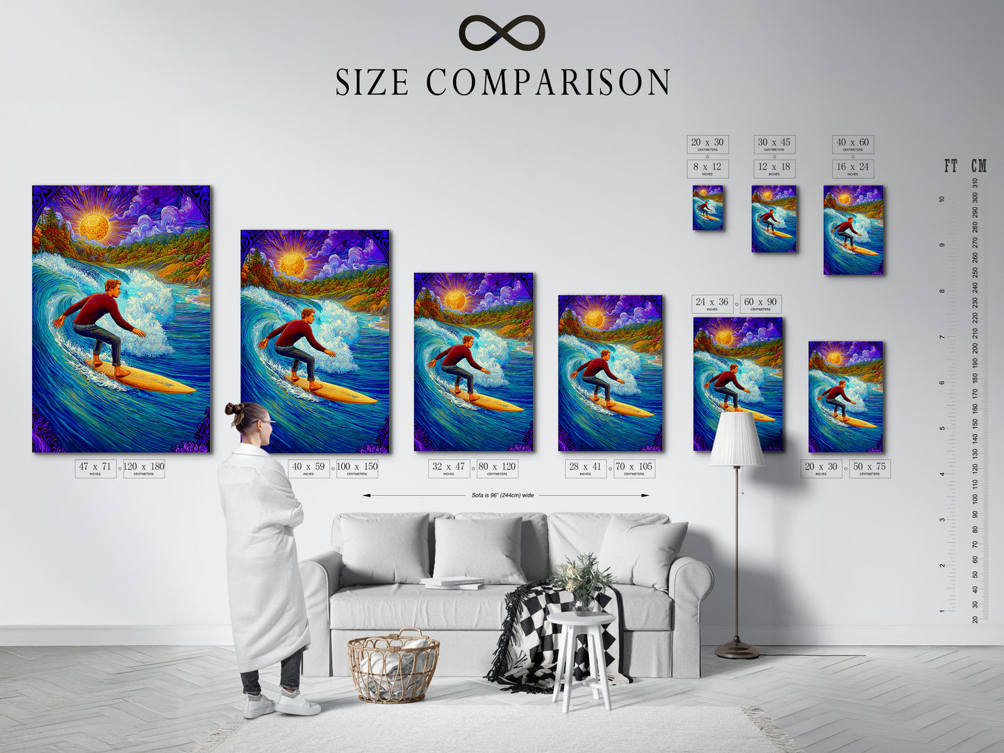 Impression d'art psychédélique surfeur - affiche vibrante de vague océanique, poster de surf coloré, décoration bohème de plage, œuvre d'art nature psychédélique