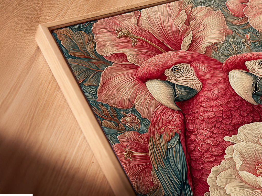 A close-up angled view shows a canvas print in a floating frame. The artwork features a tropical parrot. The piece is vintage botanical wall art. The pink coral floral bird artwork will enhance your bedroom decor.