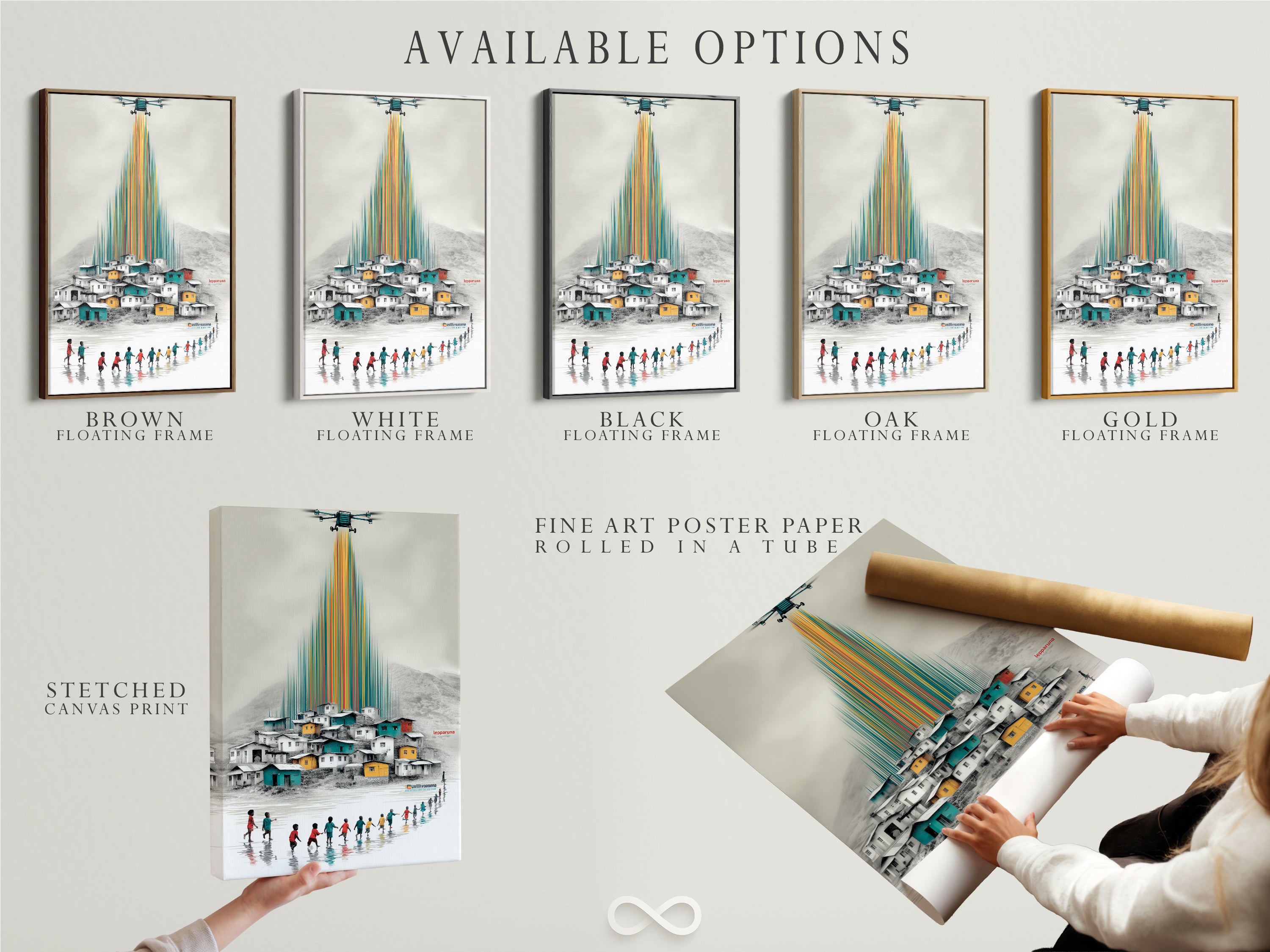 Available options for the global children canvas artwork are displayed. Options include stretched canvas print fine art poster paper and floating frame. The artwork features a colorful village scene. Children are walking towards the village. Find the perfect style for your space.