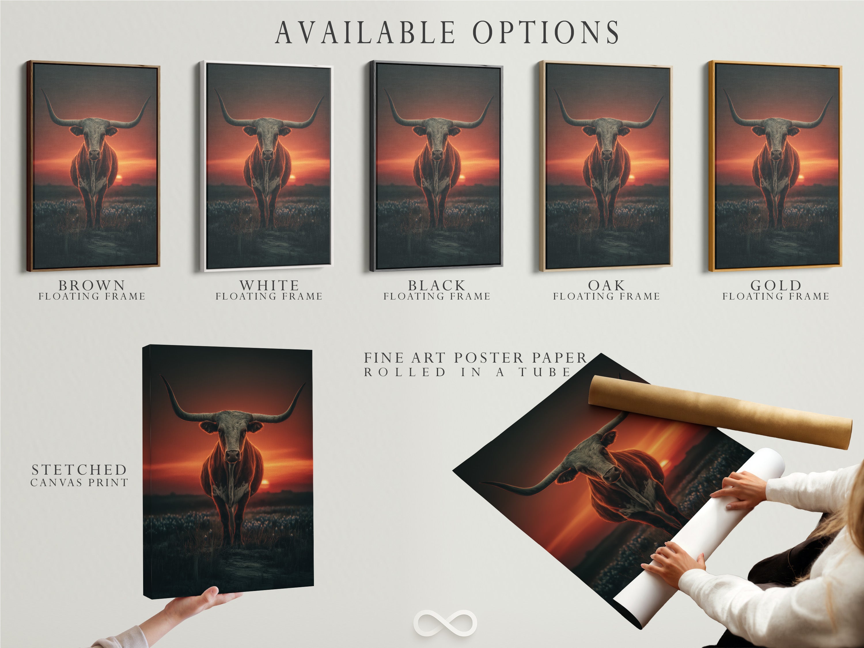 Available options for longhorn bull artwork. Choose from stretched canvas prints fine art poster paper or floating frames. This western artwork features a dramatic sunset. Customize your perfect piece of ranch home decor. Enhance your space with our options.