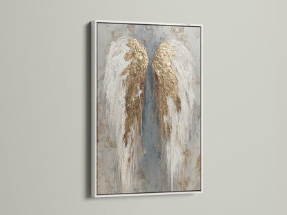 The angel wings artwork is encased in a white frame. The artwork is displayed on a white wall. The white frame offers a clean and modern aesthetic. It allows the artwork to stand out. It will brighten any space.
