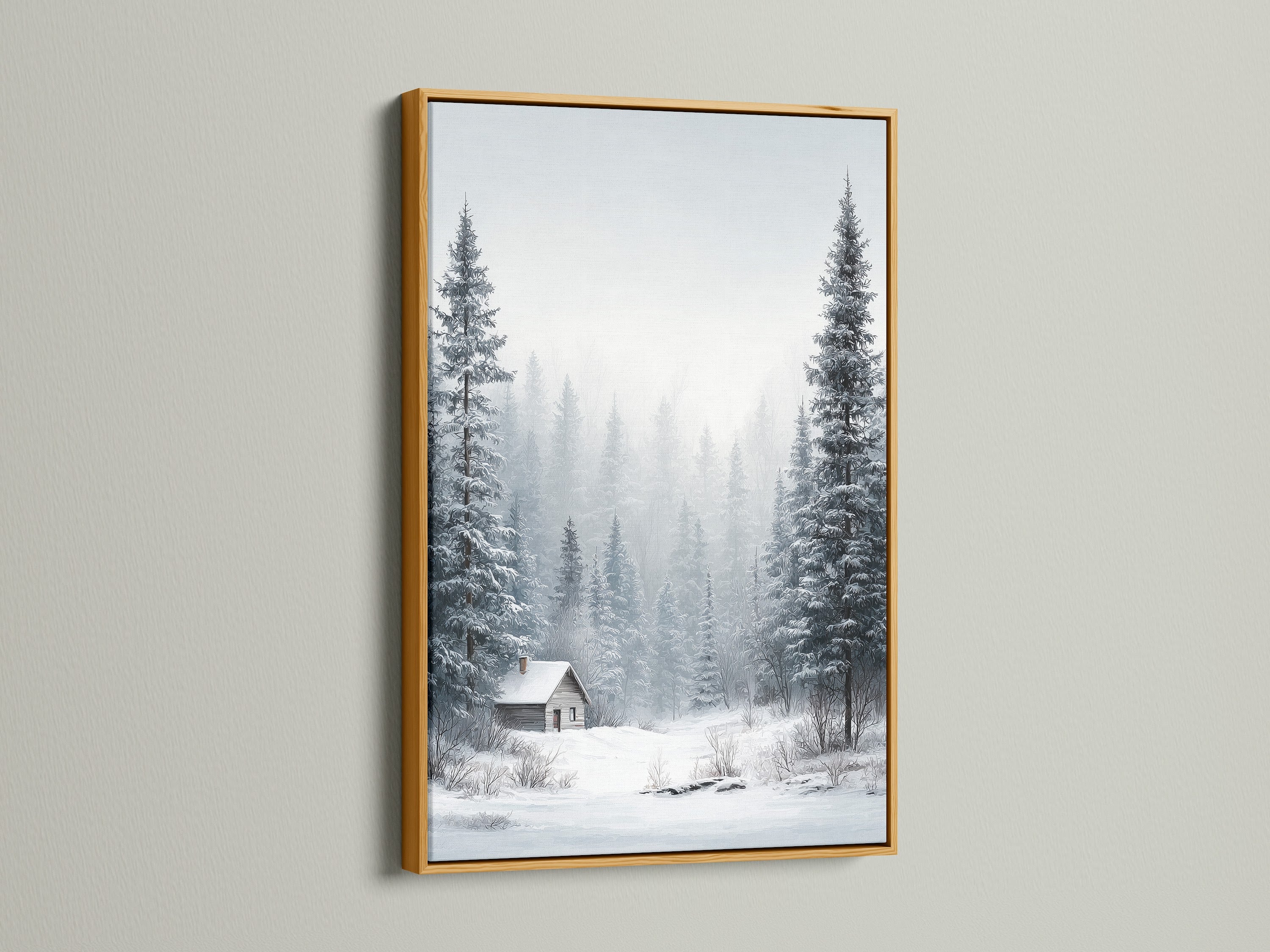 Winter Forest artwork in a gold frame. The art features a snow landscape with pine trees. A cozy cabin adds a touch of warmth. This framed art brings elegance to any room. Perfect for rustic and primitive styles.