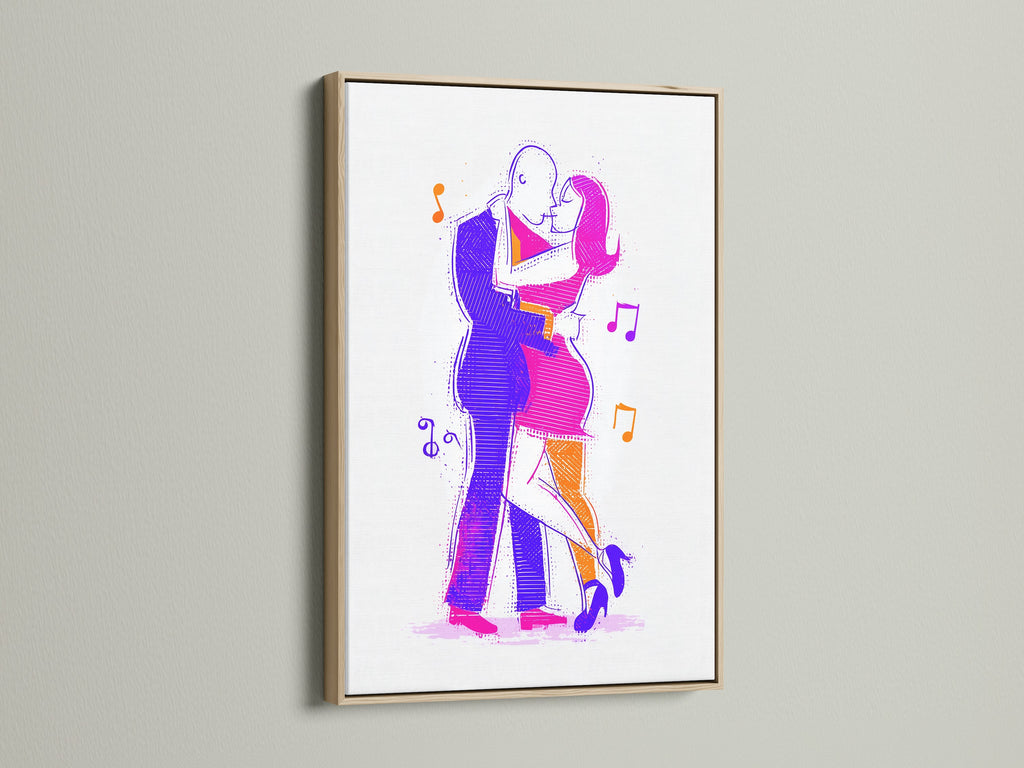 The artwork features an oak frame. Inside is a dancing couple art piece. This is a modern line art print. The abstract figures are captivating. It's ideal for a music wall art setting. A great gift for dancers or couples.