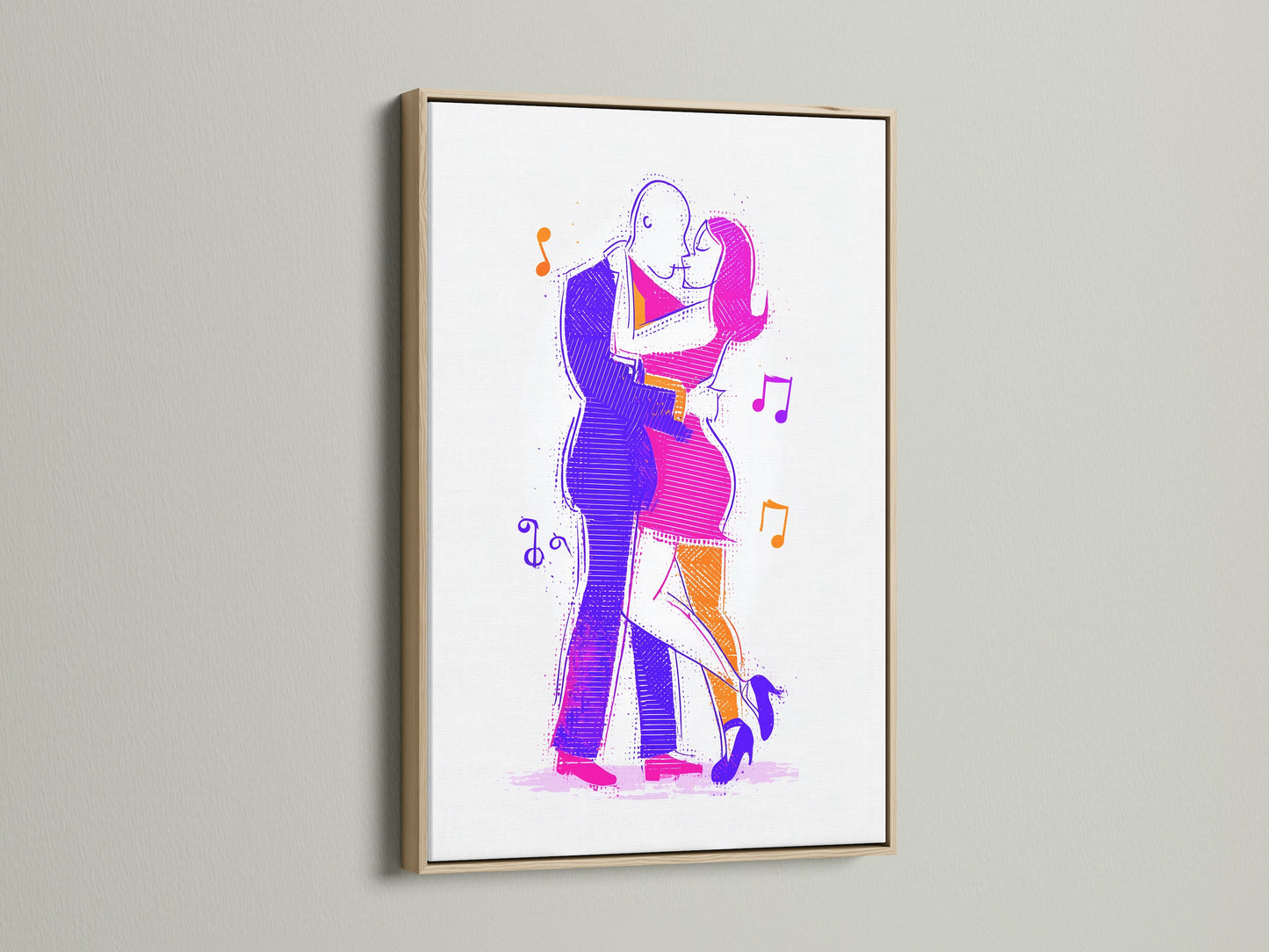 The artwork features an oak frame. Inside is a dancing couple art piece. This is a modern line art print. The abstract figures are captivating. It's ideal for a music wall art setting. A great gift for dancers or couples.