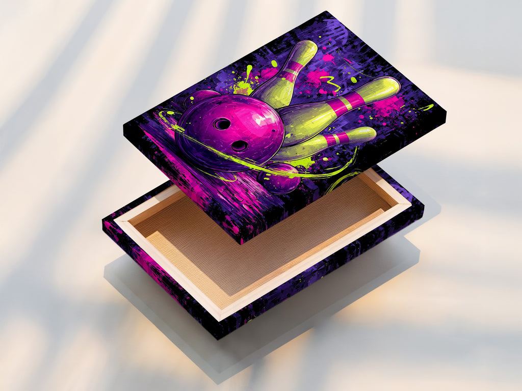 A stretched canvas print features neon purple sports wall art. The retro bowling alley canvas print is ready to hang. It instantly enhances your game room decor. This artwork captures a dynamic bowling strike. The stretched canvas provides a gallery-worthy look and feel.