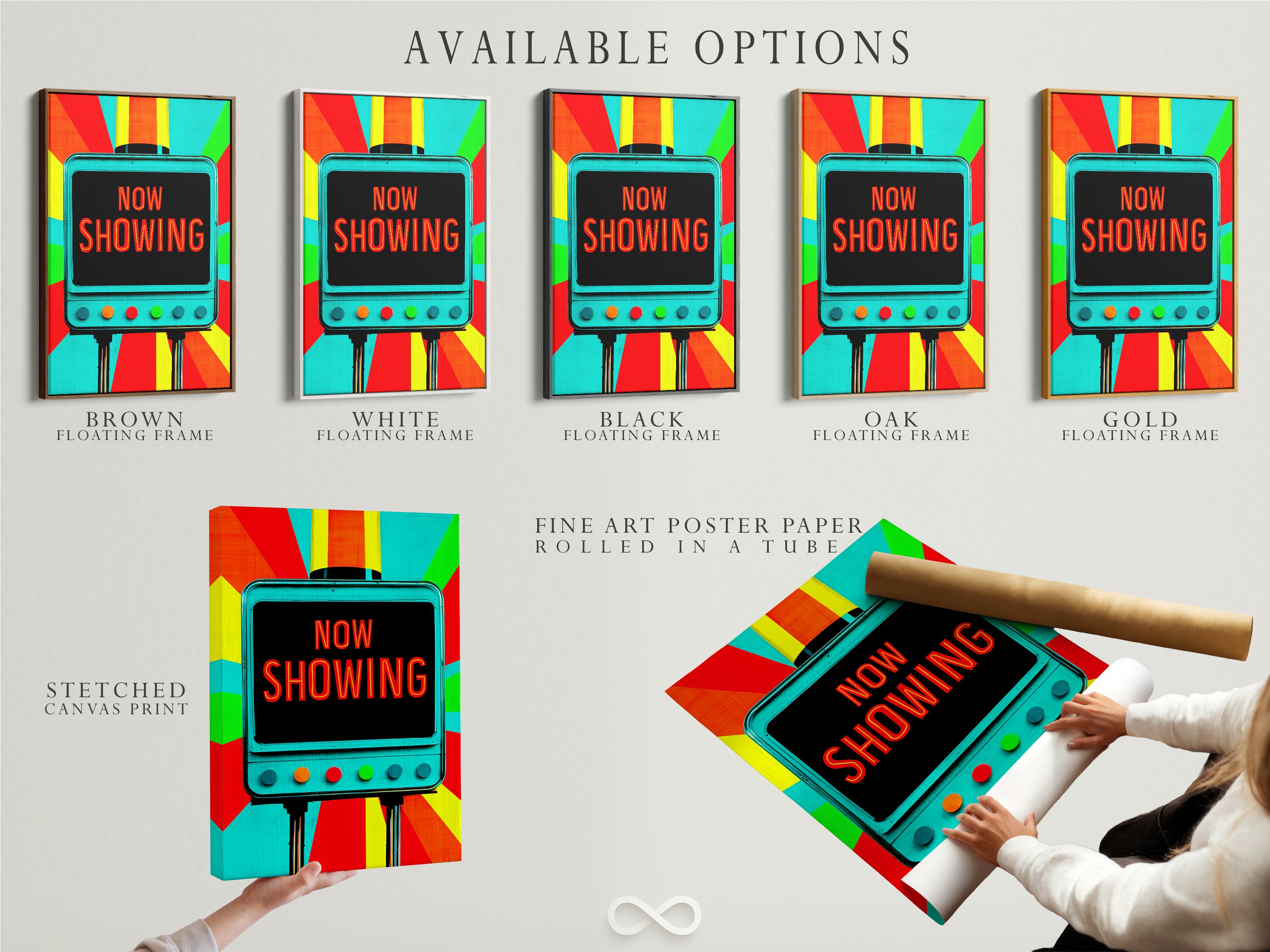 Available options include a stretched canvas print fine art poster paper and floating frame. Customize your retro movie theater art to your liking. Select the perfect format for your home decor style.