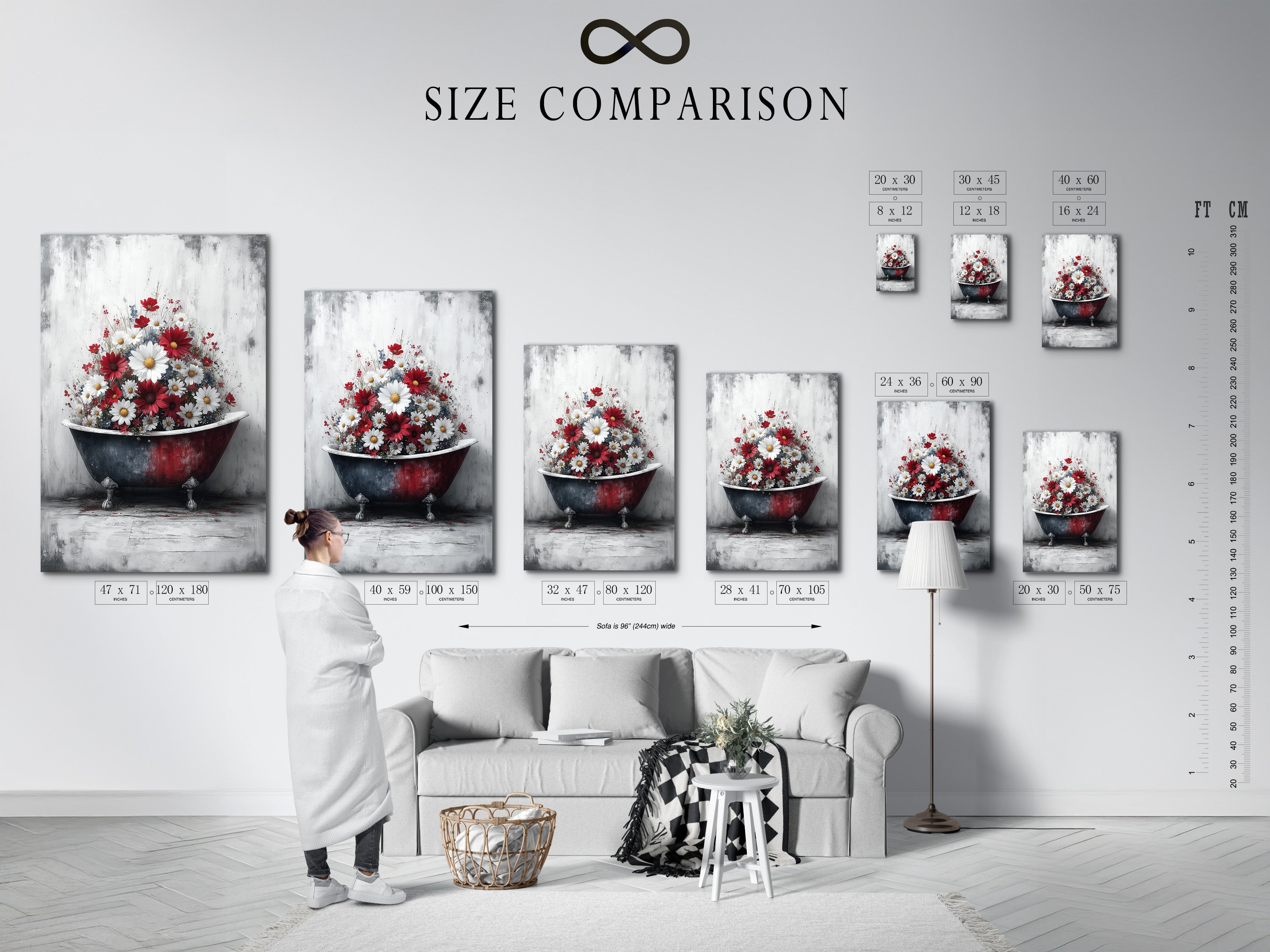 Size comparison chart in an interior setting. It displays various sizes of vintage bathtub floral artwork. Visualize the perfect fit for your space. Choose the ideal size for your farmhouse wall decor today.