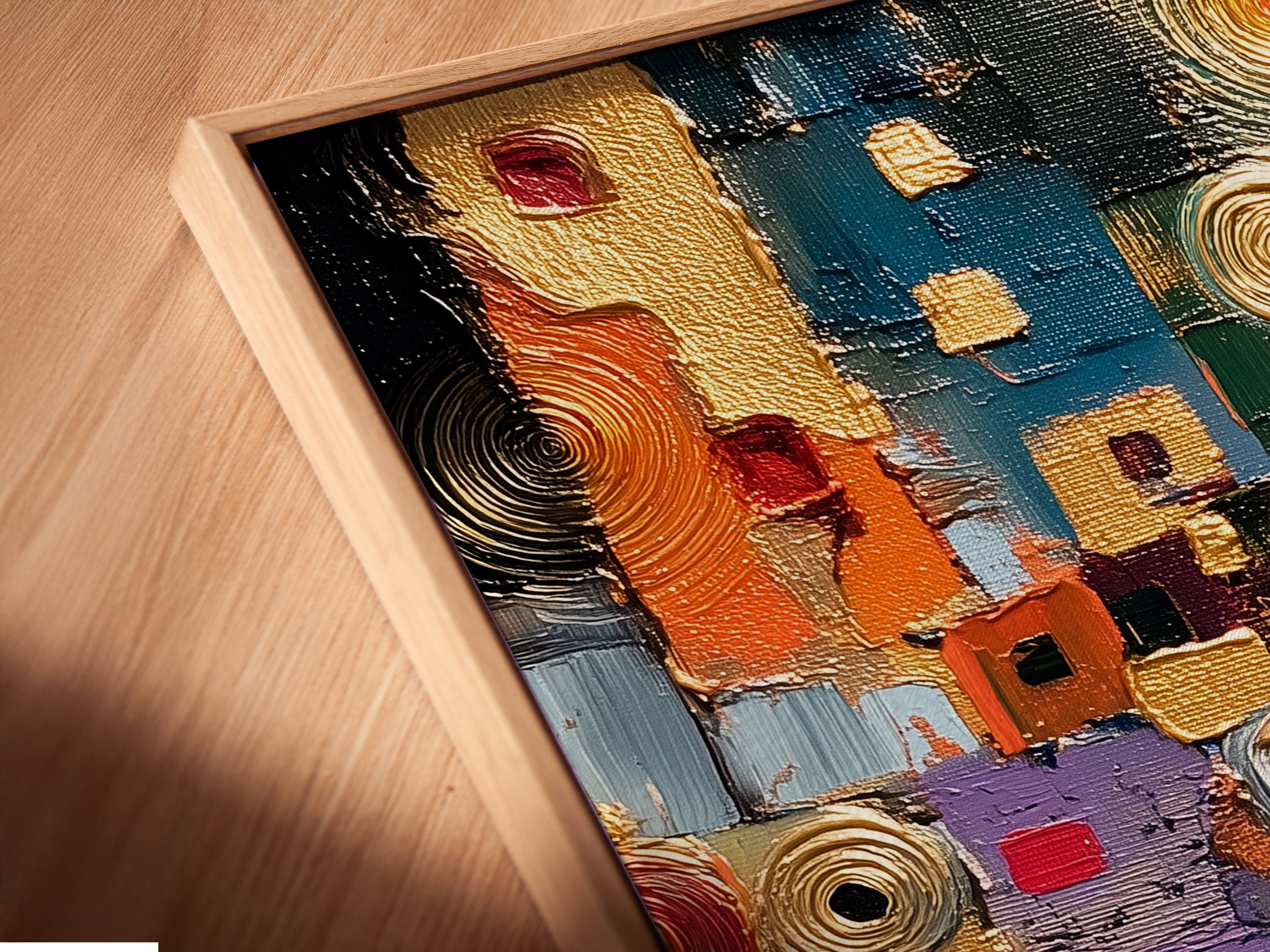 Angled close up view of a canvas print in a floating frame. The abstract textured artwork adds depth and style. The colorful modern wall art is a contemporary mixed media print. The vibrant abstract artwork is great for any room. This artwork is perfect for clinics cafés and boardrooms.