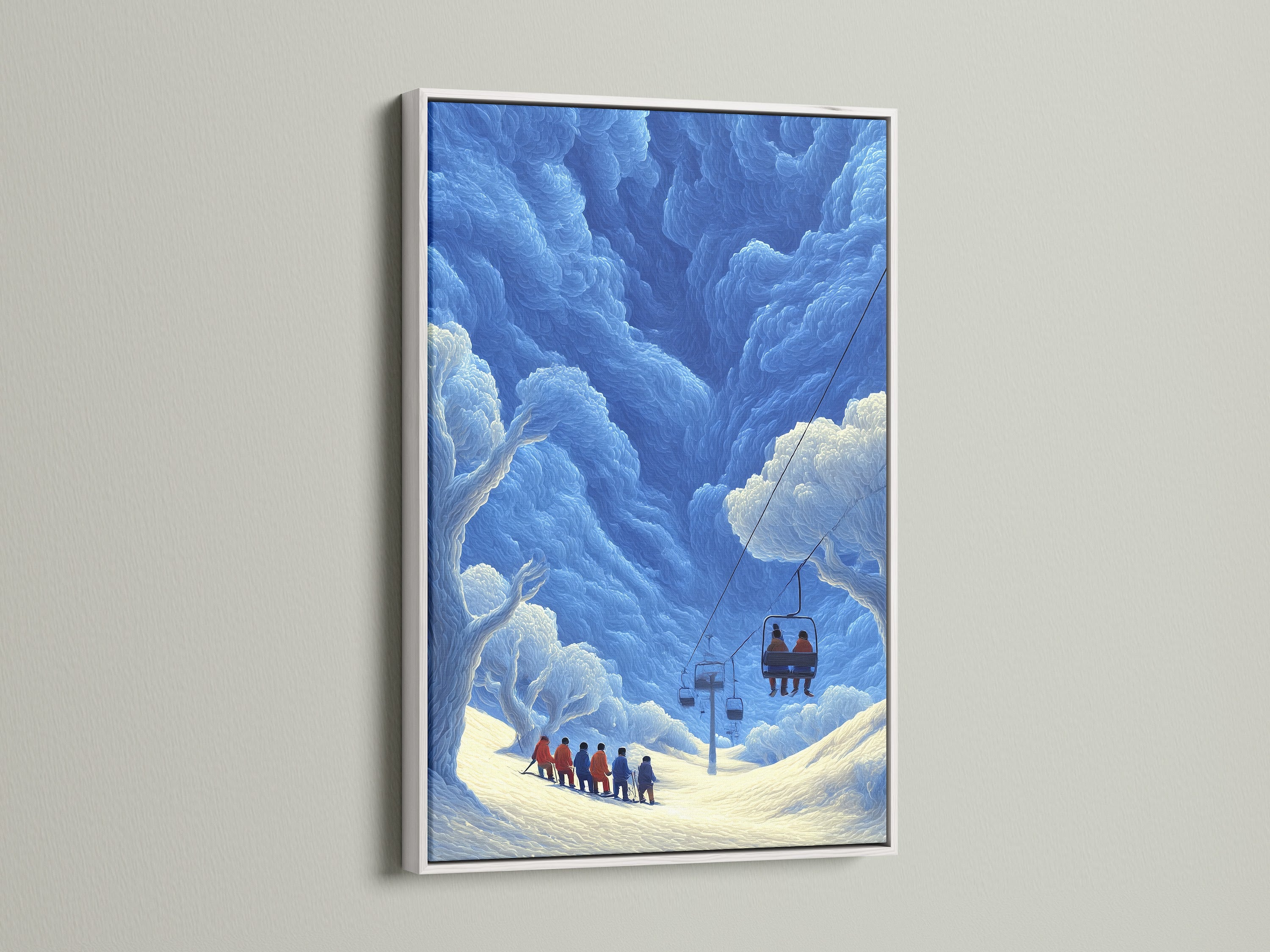 A white frame highlights a blue winter mountain scene. This ski resort artwork brings a fresh clean look to cabin walls. The white frame complements the primary blue and secondary white colors. Add a touch of winter sports art to your home with this piece.