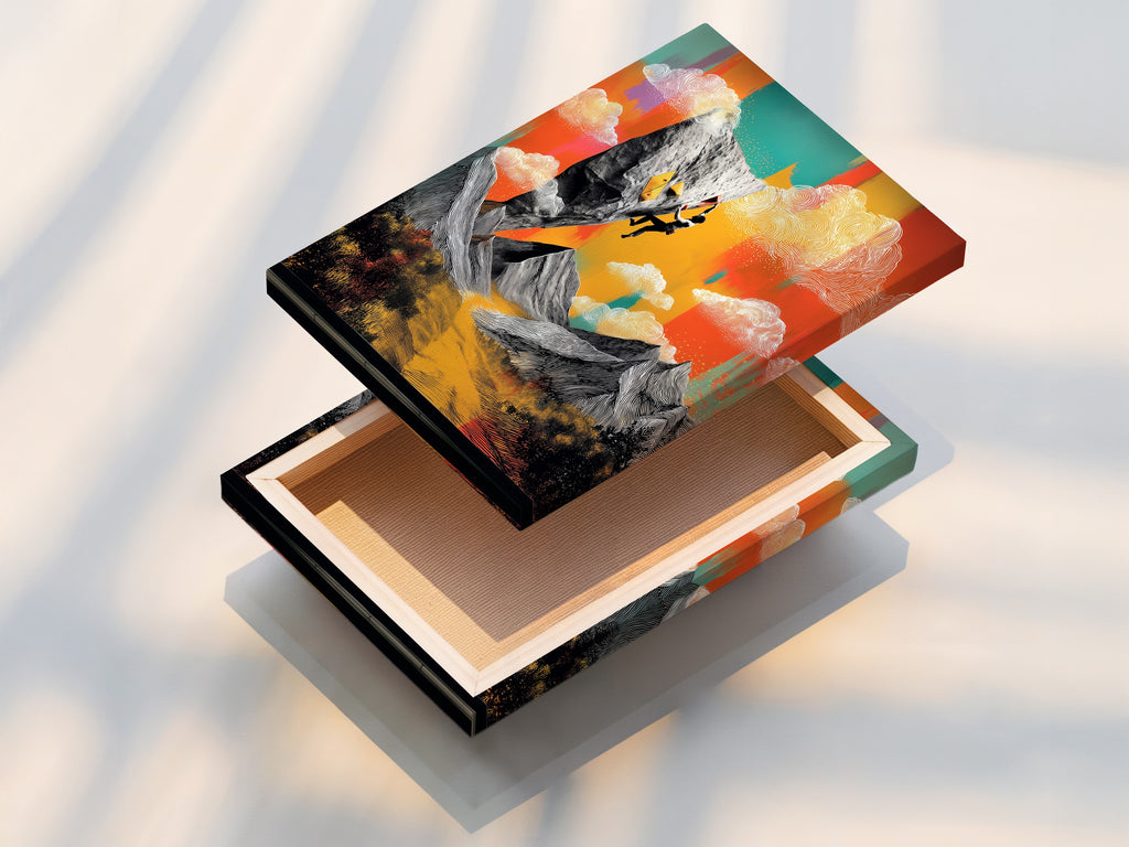 A stretched canvas print of rock climbing art. The canvas shows a detailed mountain scene with climbers. The stretched canvas gives a gallery-ready look. A perfect choice for living rooms bedrooms or offices.