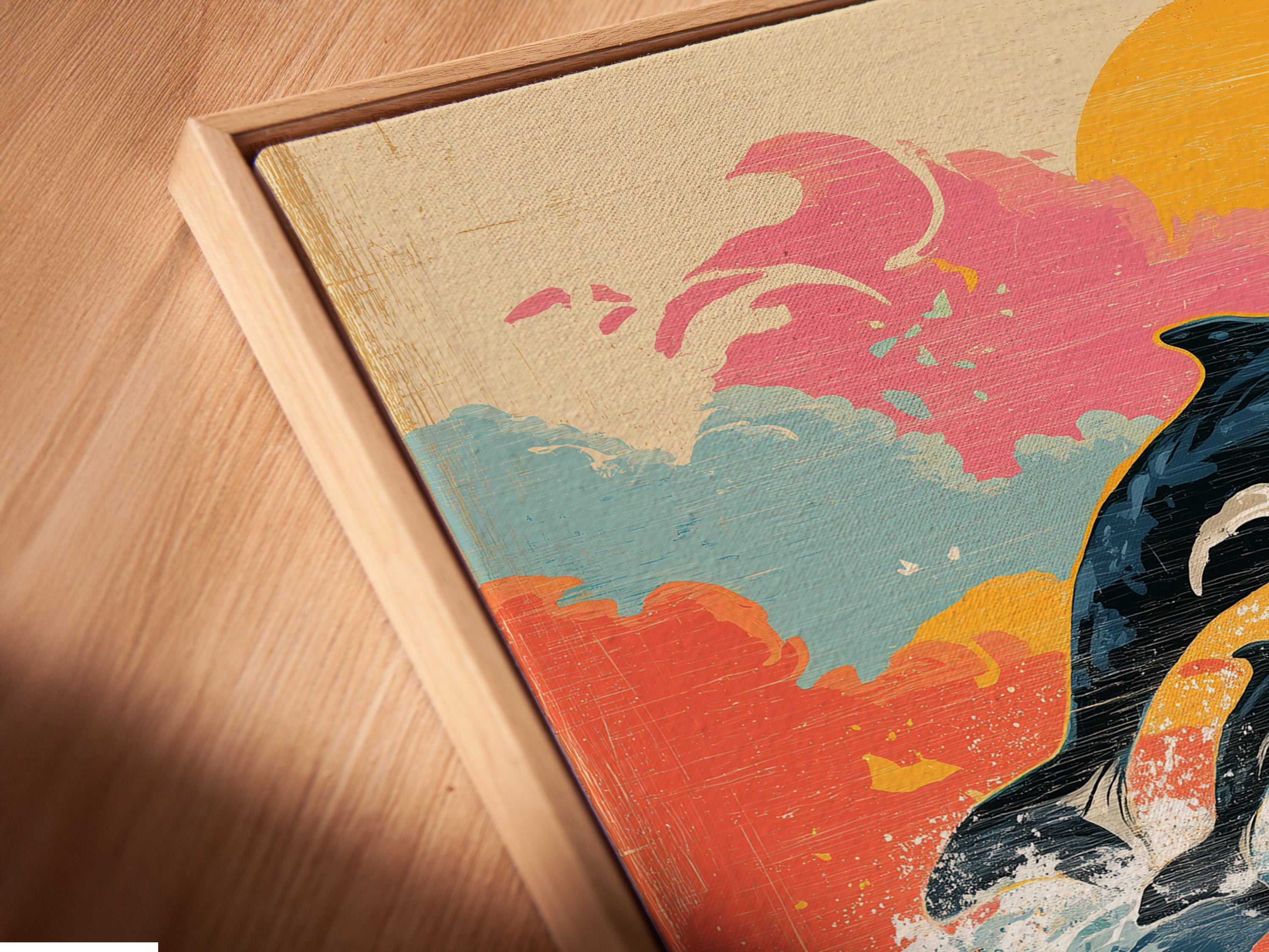 Angled close up of a canvas print. It is showcased in a floating frame. The whale ocean artwork features a vintage marine theme with sunset waves. Perfect as coastal bedroom decor. See detailed texture and quality craftsmanship.