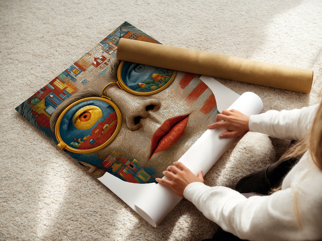 A woman is carefully rolling a fine art poster paper. The paper features a surreal portrait artwork. This abstract face print is perfect for creating high-quality art prints. The act of rolling ensures the artwork is protected and ready for framing or display. Great for art enthusiasts.