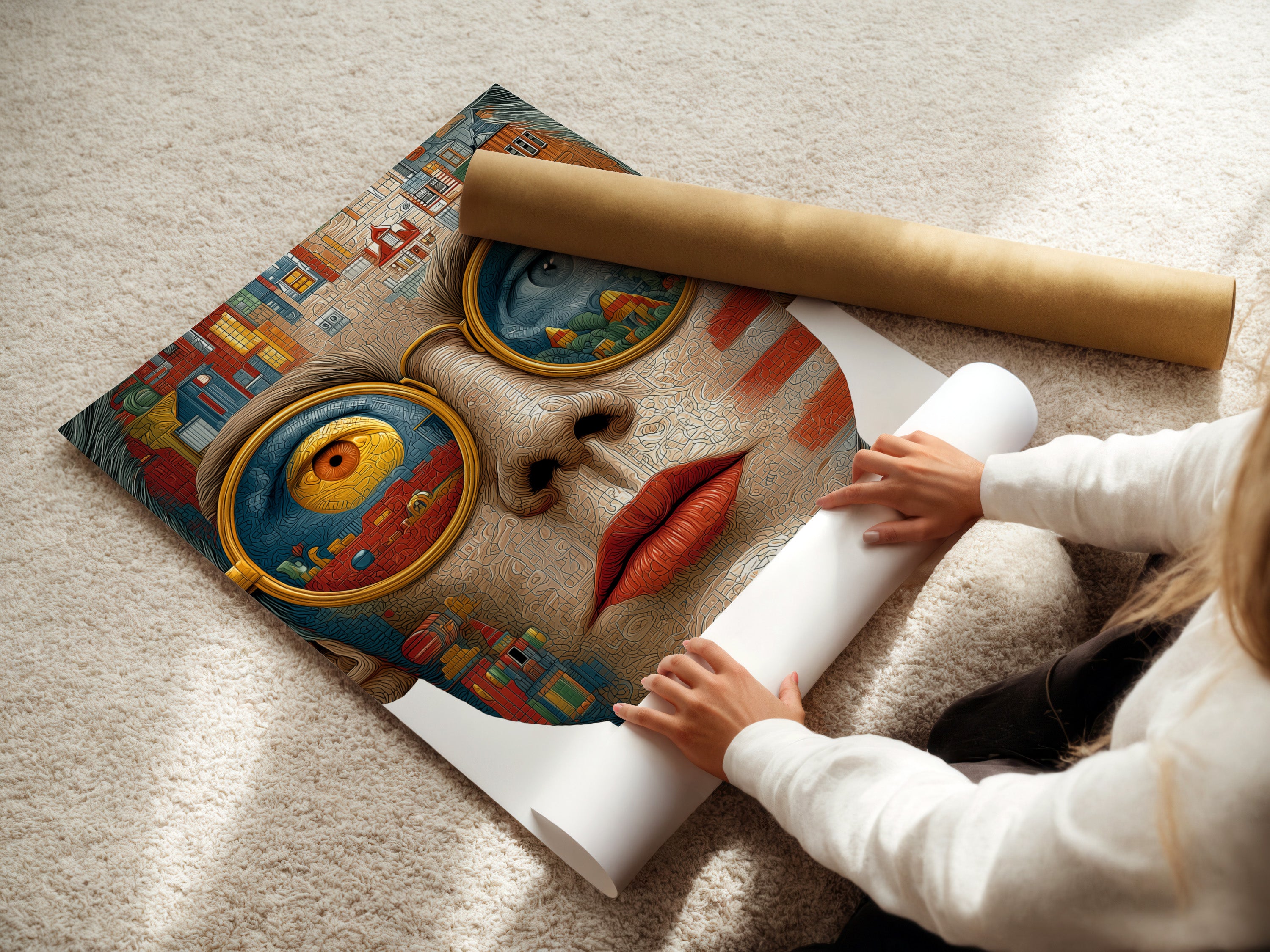 A woman is carefully rolling a fine art poster paper. The paper features a surreal portrait artwork. This abstract face print is perfect for creating high-quality art prints. The act of rolling ensures the artwork is protected and ready for framing or display. Great for art enthusiasts.