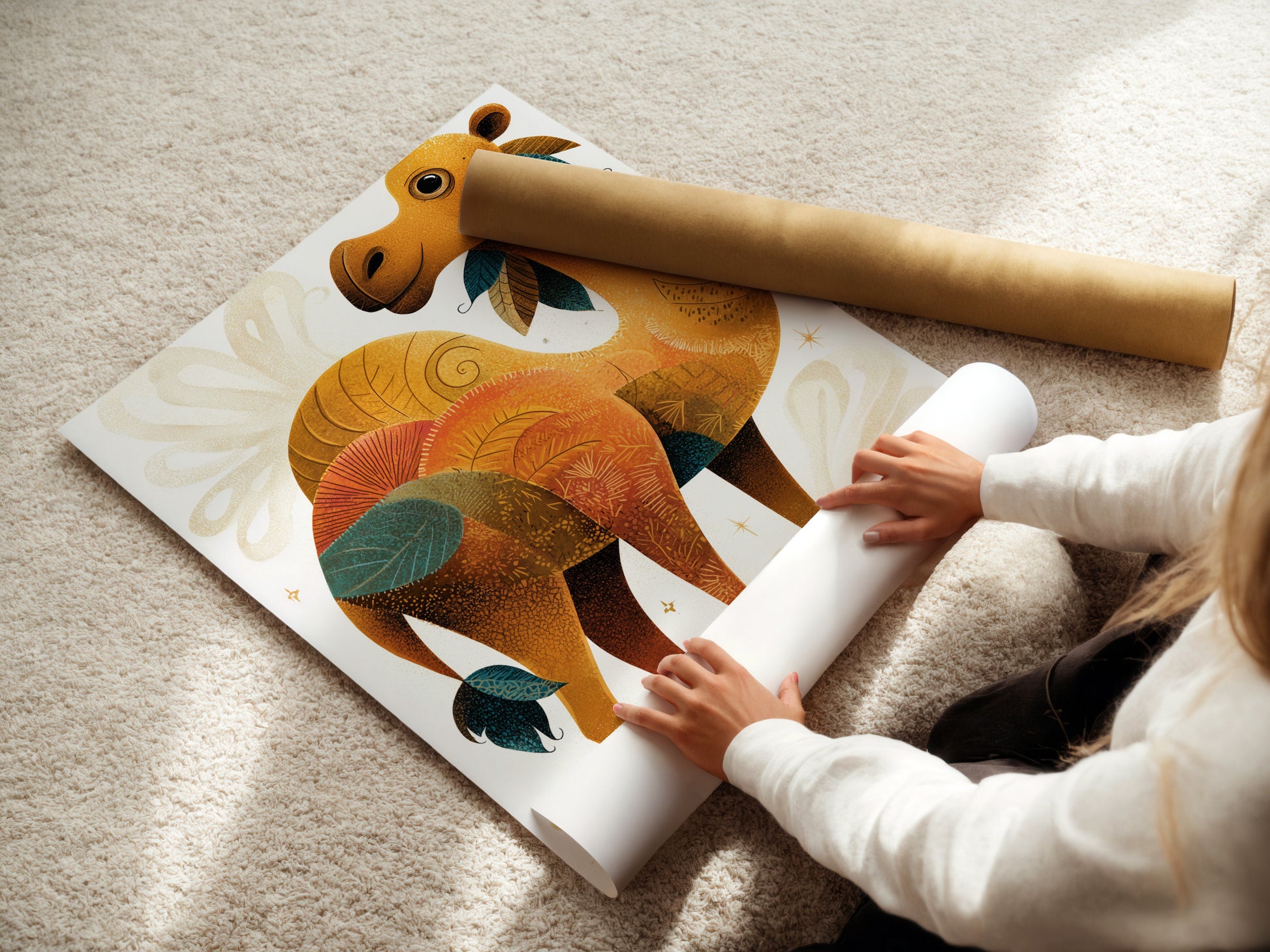 A woman carefully rolling a fine art poster paper. High quality paper ensures vibrant colors and longevity. Preserve your artwork with premium fine art poster paper. Order yours today for lasting beauty.