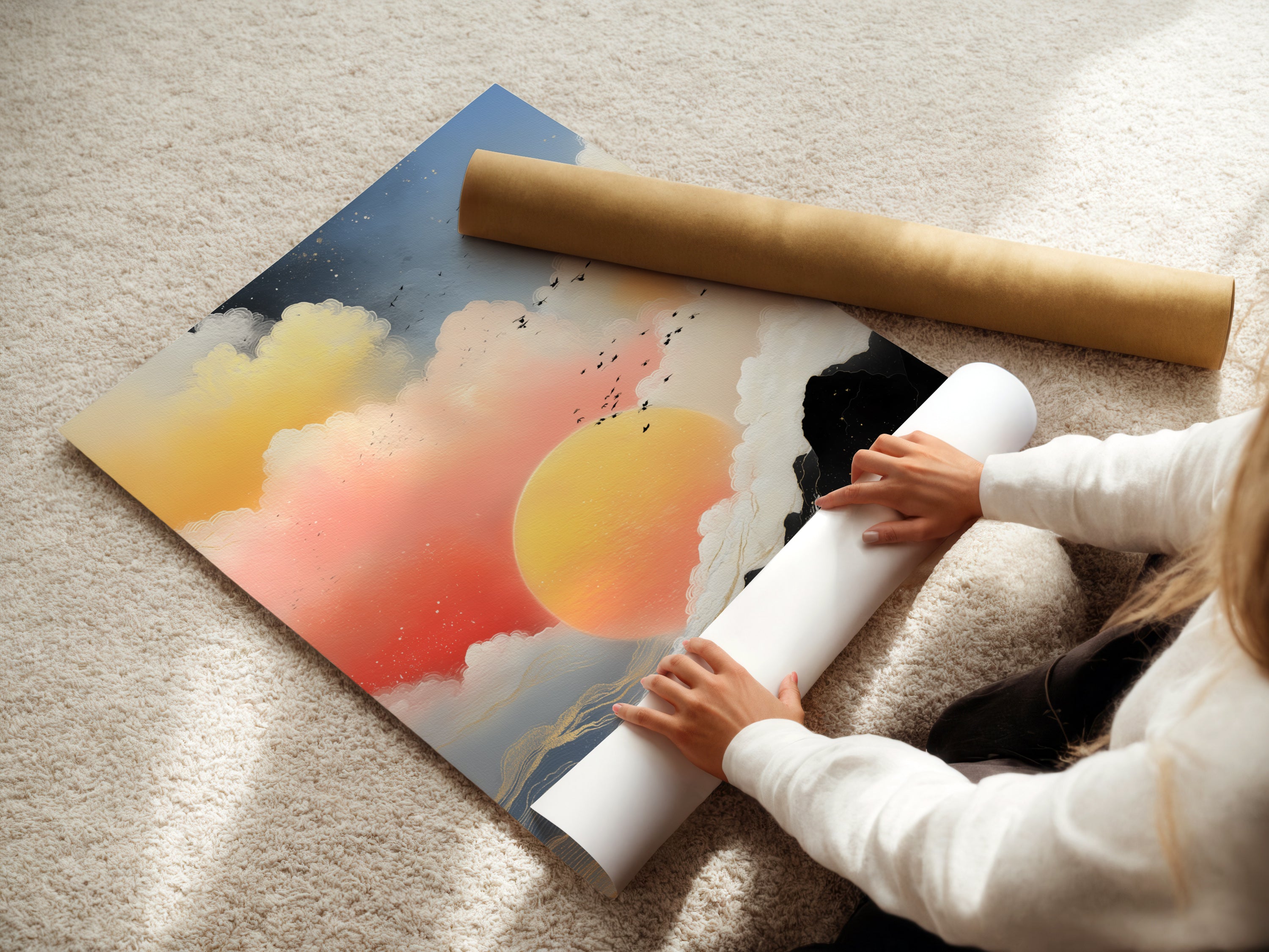 A woman rolls a fine art poster paper of Sunrise Seascape. The coastal artwork showcases an abstract cloudscape. Peach and teal hues create a serene ambiance. Discover high-quality art prints.