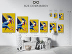 A size comparison chart shows the Hornbill artwork in an interior setting. Visualize how this exotic bird print will look in your space. Choose the perfect size for your living room bedroom or office. See how this colorful wall art enhances your decor.
