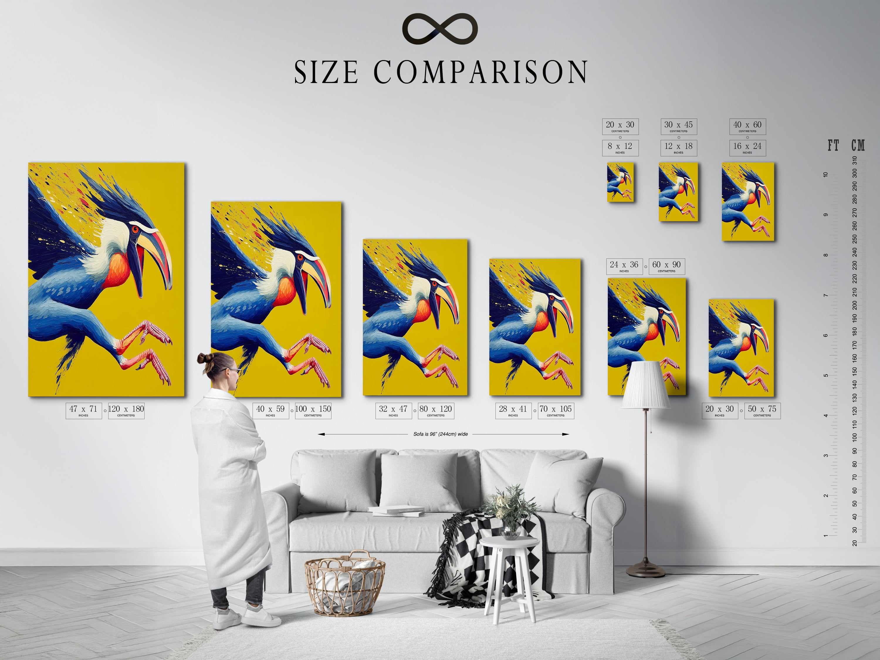 A size comparison chart shows the Hornbill artwork in an interior setting. Visualize how this exotic bird print will look in your space. Choose the perfect size for your living room bedroom or office. See how this colorful wall art enhances your decor.