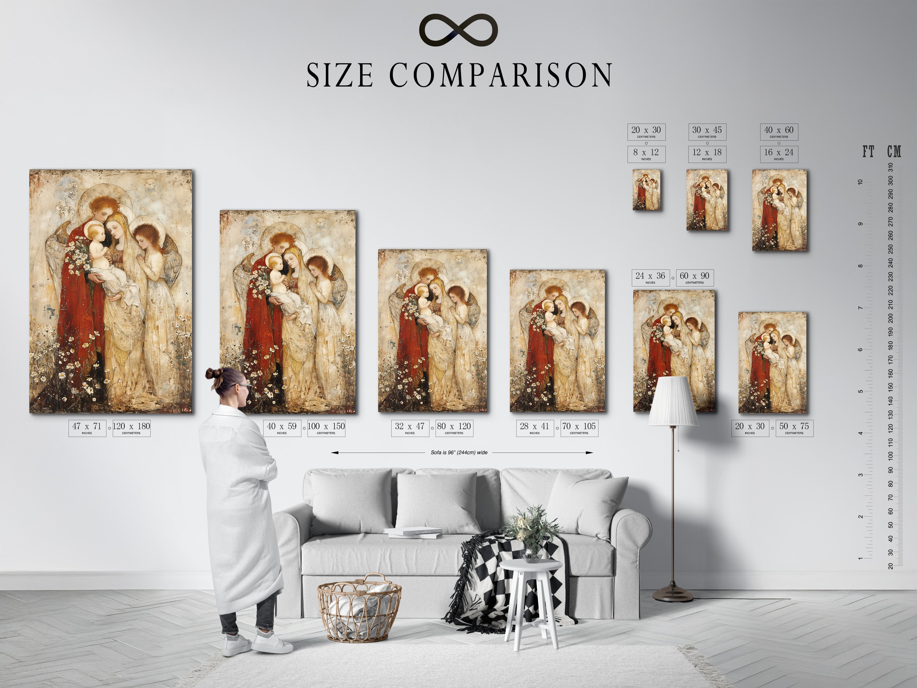 This is a size comparison chart displayed in an interior setting. It shows various sizes available for the Madonna and Child Renaissance religious artwork. Find the perfect fit for your space.