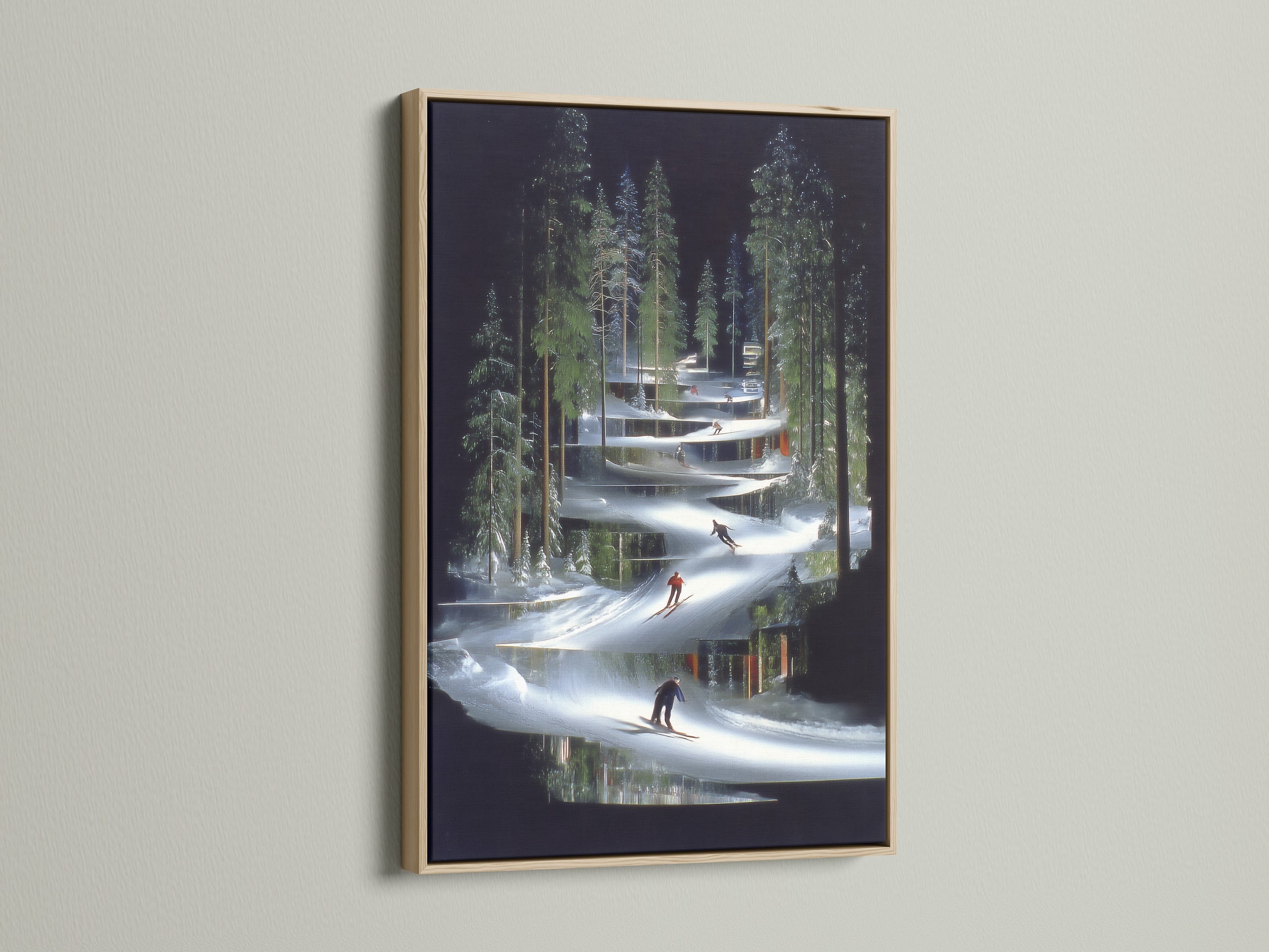 This is a modern ski resort artwork in an oak frame. The alpine wall art brings the beauty of winter indoors. Perfect contemporary winter sports decor for a cozy bedroom or lodge. This artwork enhances any space.