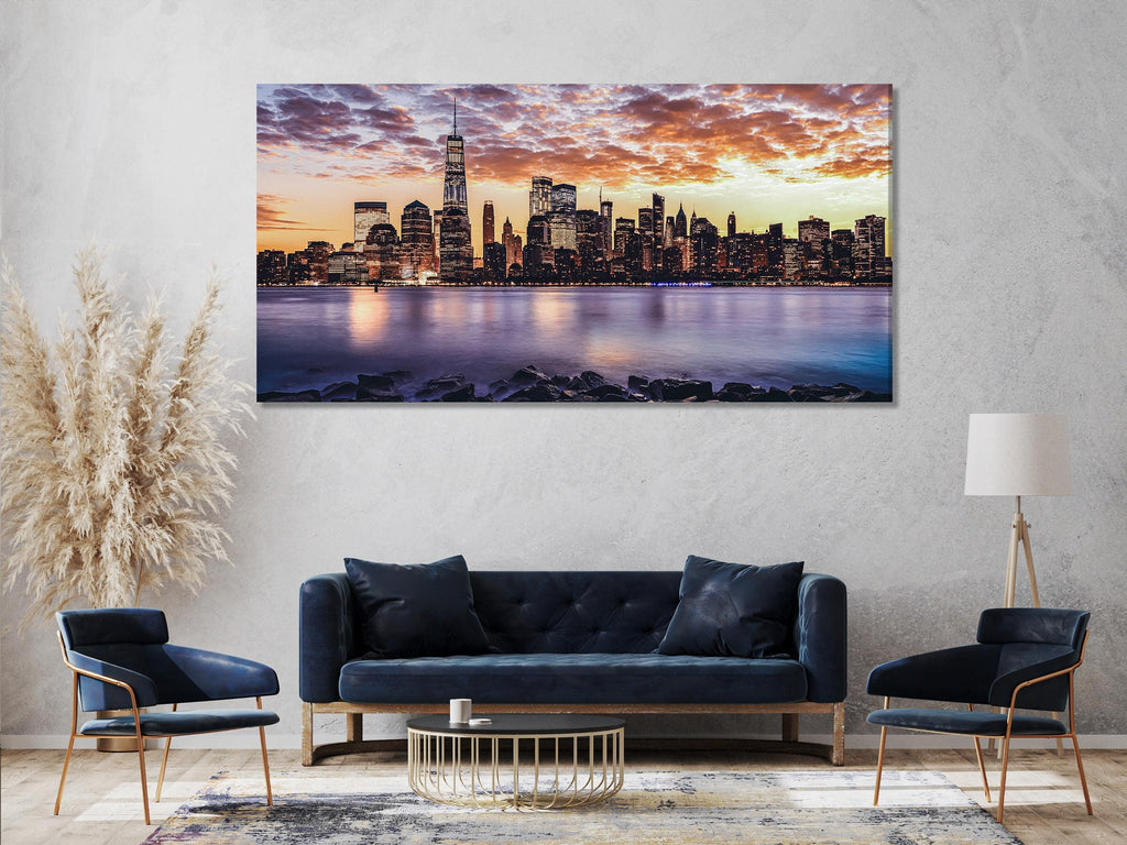 New York City Skyline Canvas Print – Majestic Sunset Over Manhattan, Large Urban Wall Art for Modern Home or Office Decor