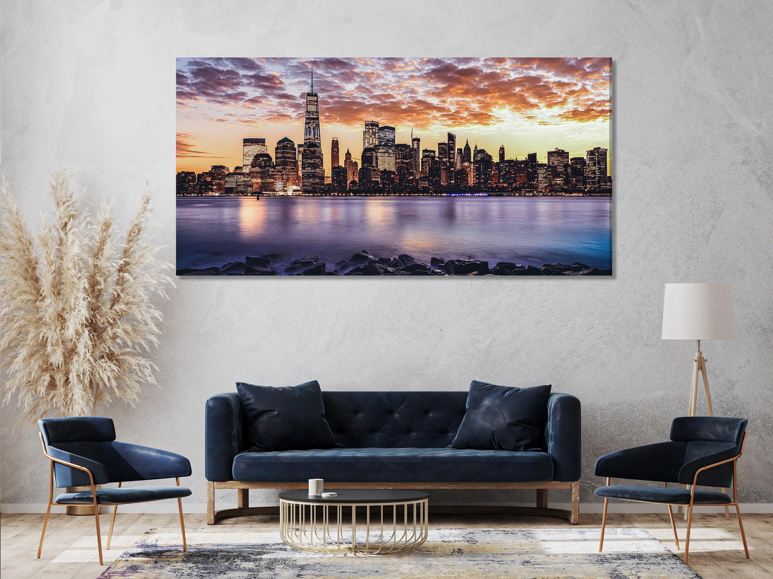 New York City Skyline Canvas Print – Majestic Sunset Over Manhattan, Large Urban Wall Art for Modern Home or Office Decor