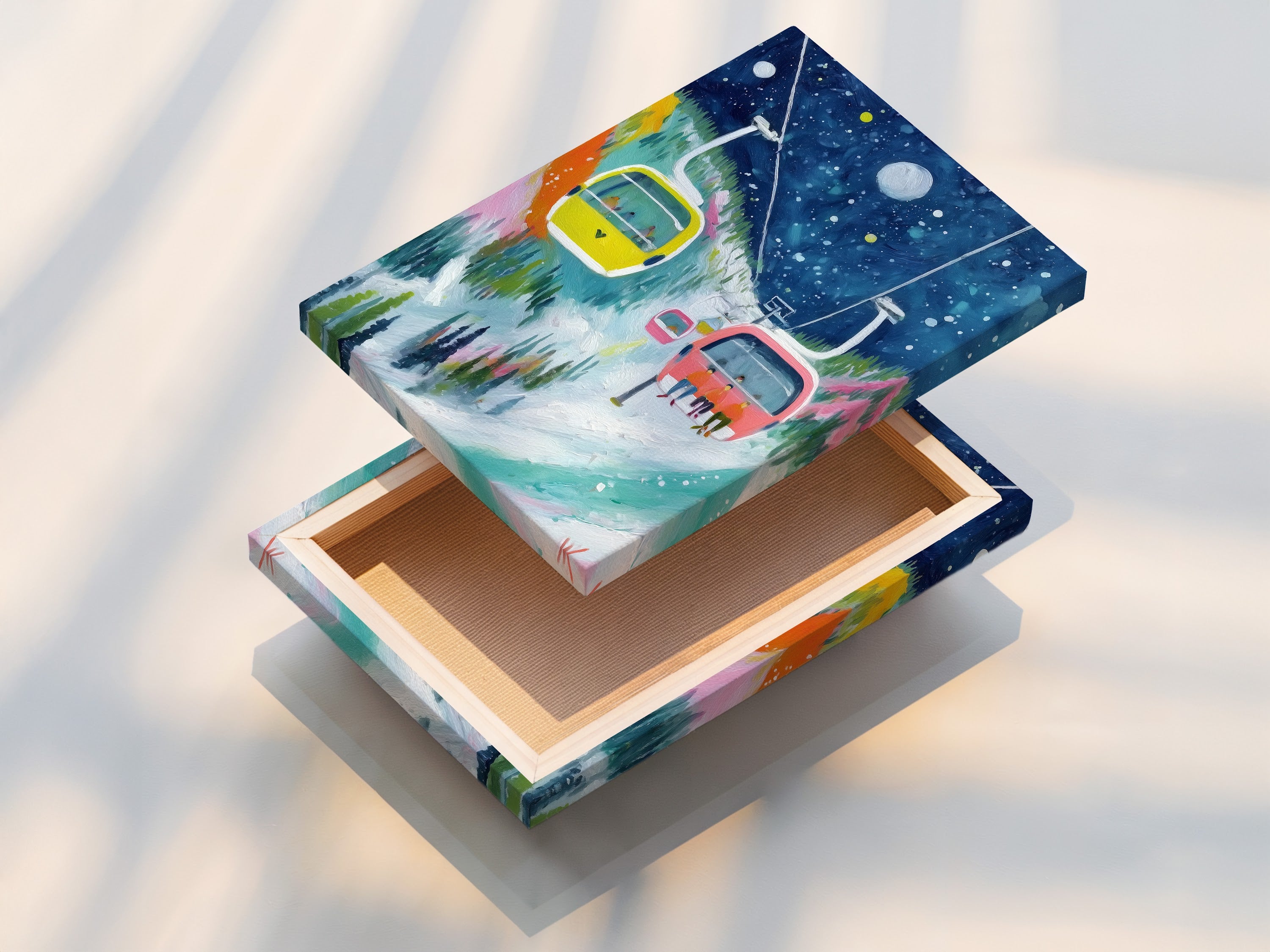 A stretched canvas print of a winter mountain scene. This colorful artwork is ready to hang. It brings the beauty of the slopes indoors. The perfect winter decor for any art lover.