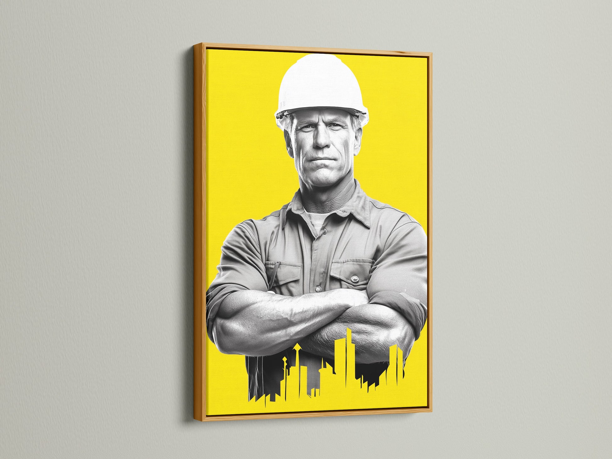Construction Worker artwork with a gold frame. This construction art or architect print is an engineer gift. It is modern canvas art that can be used as yellow wall art. It is perfect for office wall decor. This worker artwork is building art or architecture art.