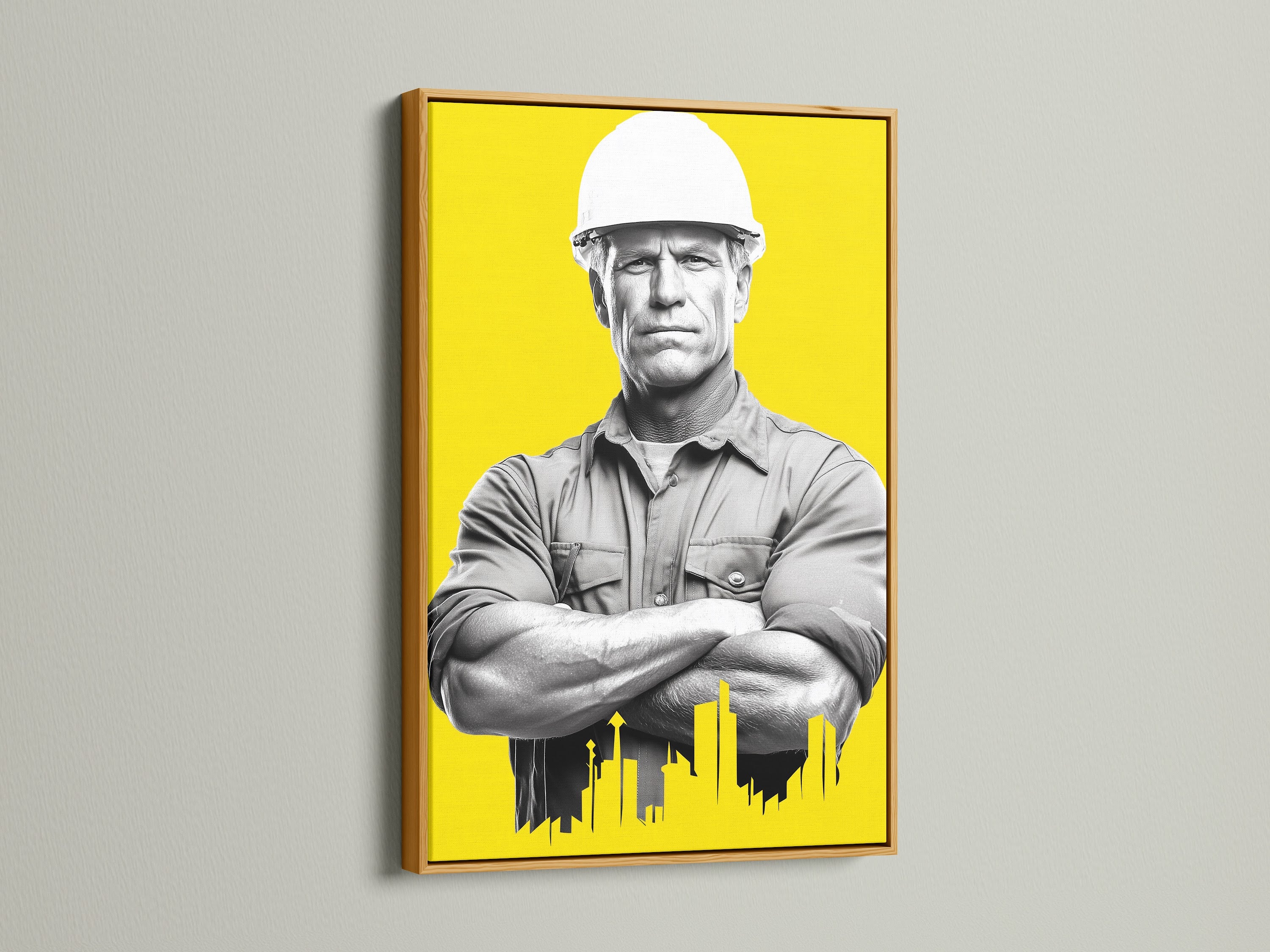 Construction Worker artwork with a gold frame. This construction art or architect print is an engineer gift. It is modern canvas art that can be used as yellow wall art. It is perfect for office wall decor. This worker artwork is building art or architecture art.
