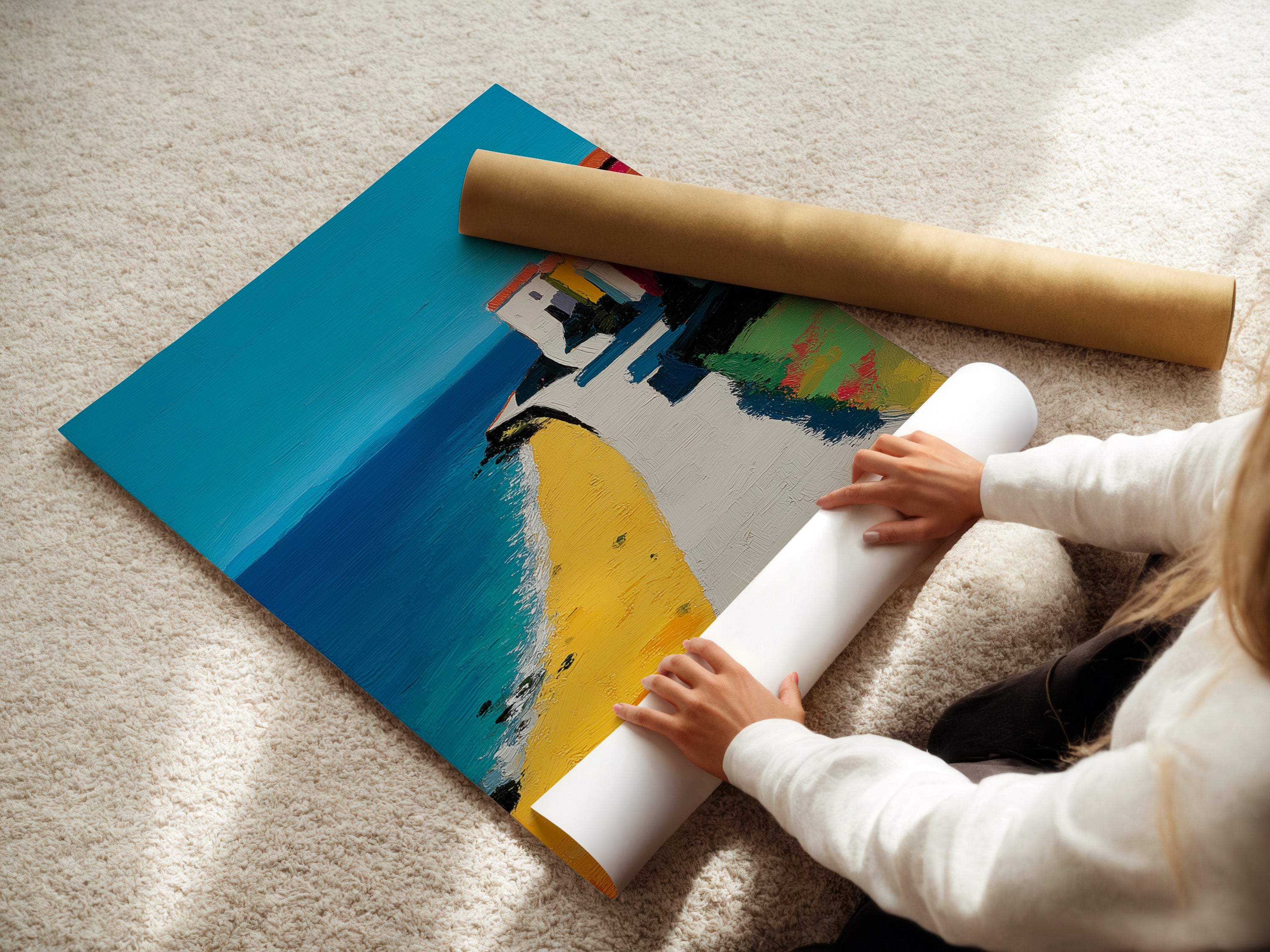 A woman carefully rolls a fine art poster paper. High-quality paper ensures vibrant colors and sharp details. Preserving the artwork for years to come. Perfect for art enthusiasts who appreciate fine materials. The poster paper is easy to handle.