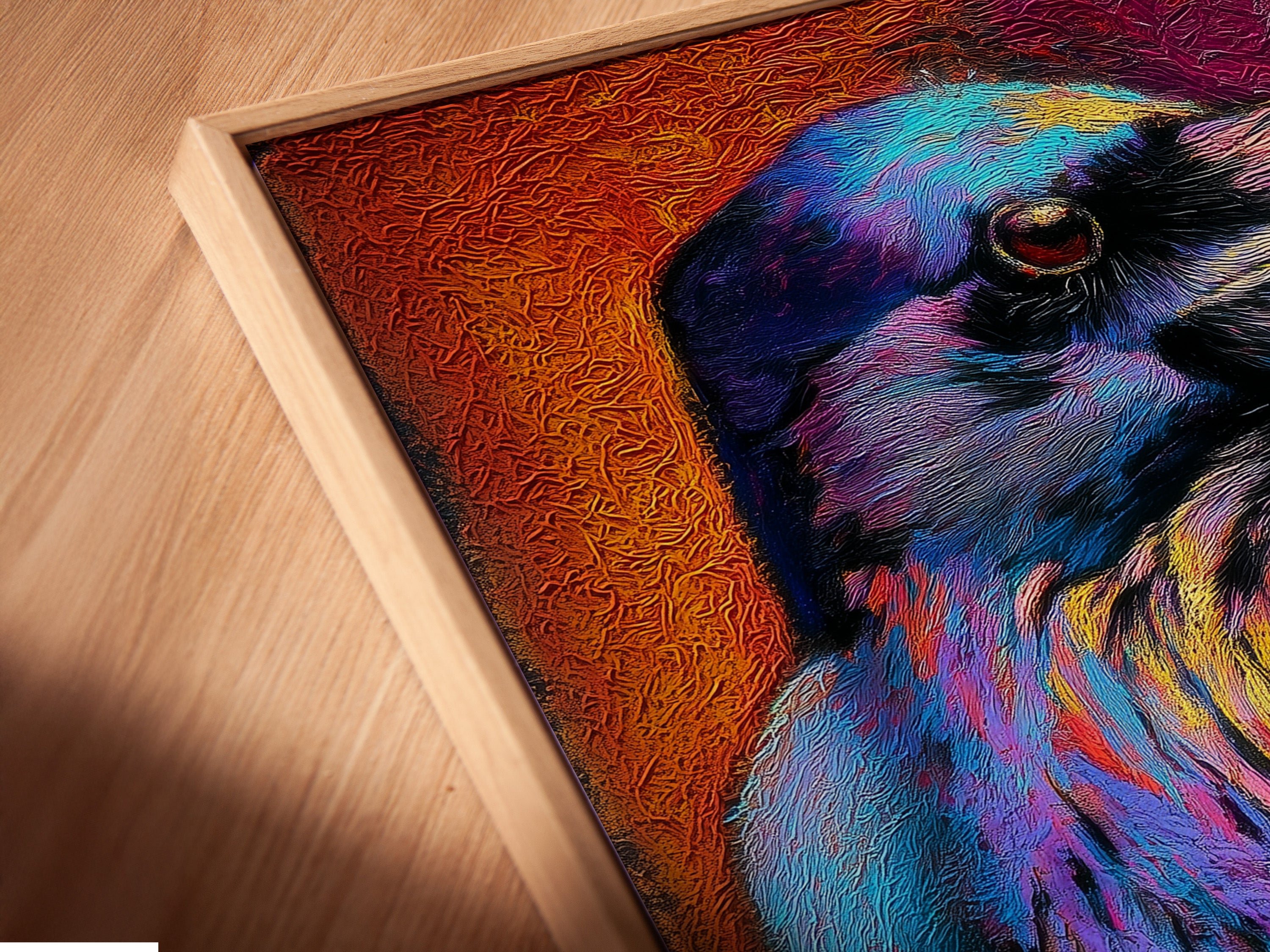 This is an angled close up of a canvas print. It is set in a floating frame. The frame enhances the depth and visual appeal. The artwork is ready to hang. It provides a modern art gallery feel to any room. It is visually stunning.