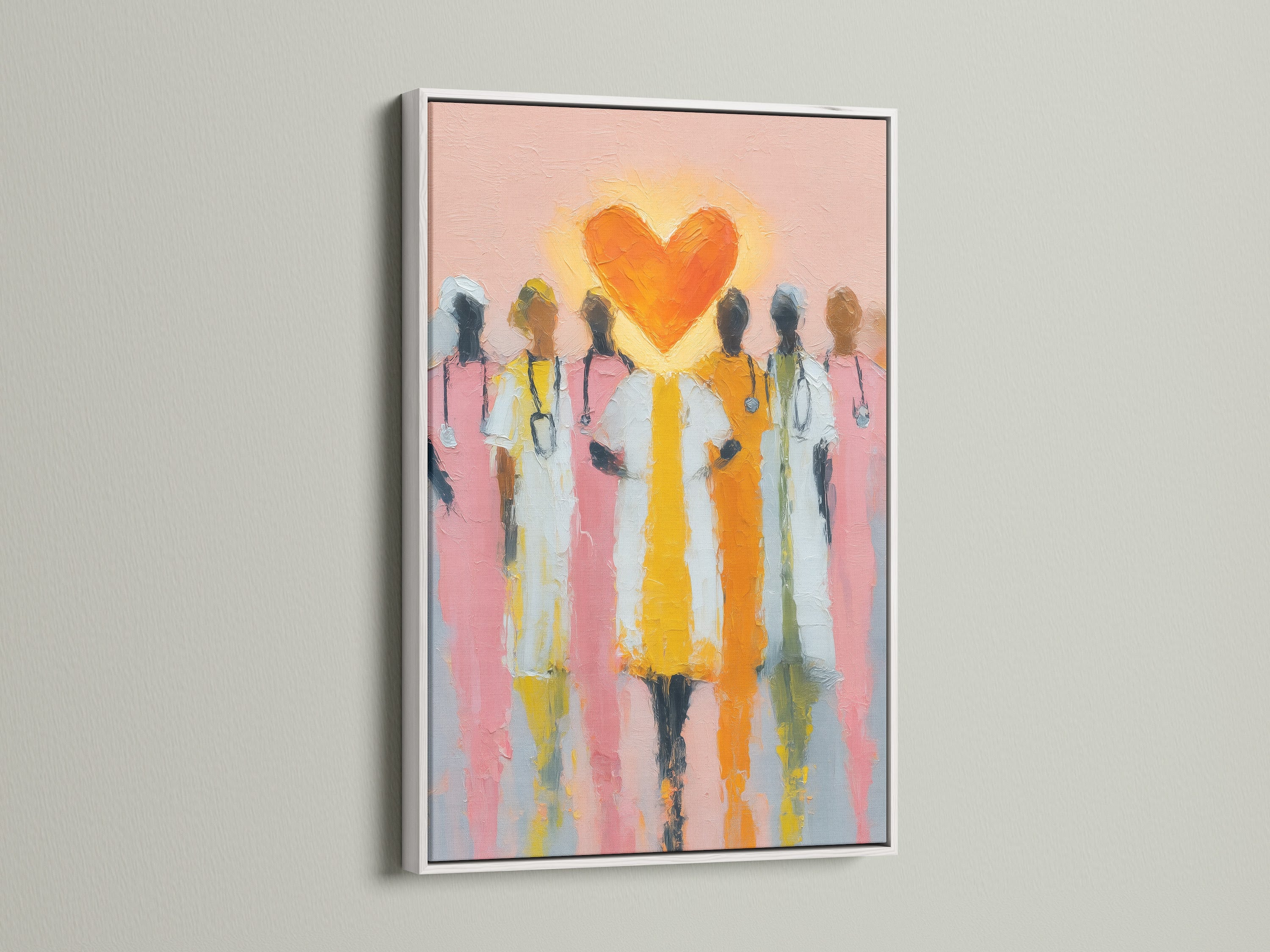 Medical Heroes art in a white frame. A vibrant heart shines over medical professionals in this piece. The white frame enhances the artwork's contemporary style. It brings a clean modern look to any healthcare environment. Perfect as nurse artwork or hospital wall art.