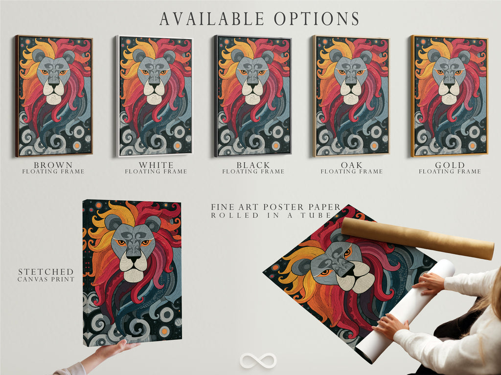 Available options are displayed. Stretched canvas print fine art poster paper and floating frame are shown. Choose the perfect format for your artwork. These options cater to various preferences. Customize your artwork display.